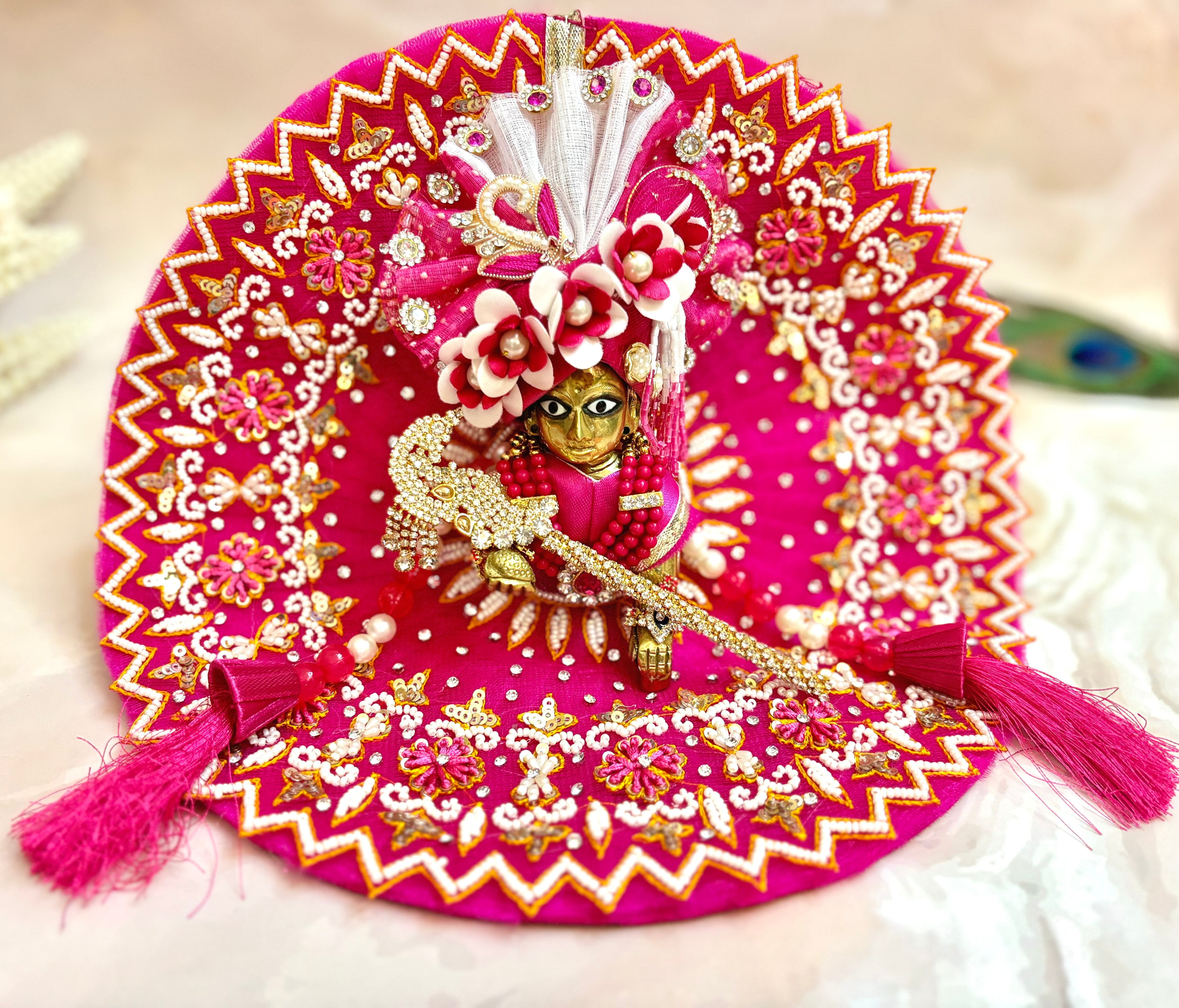 Handmade Luxe Magenta Pearl Laddu Gopal Dress Set - 4 Piece Designer Poshak for Kanha Ji & Bal Gopal | Perfect for Janmashtami Celebrations