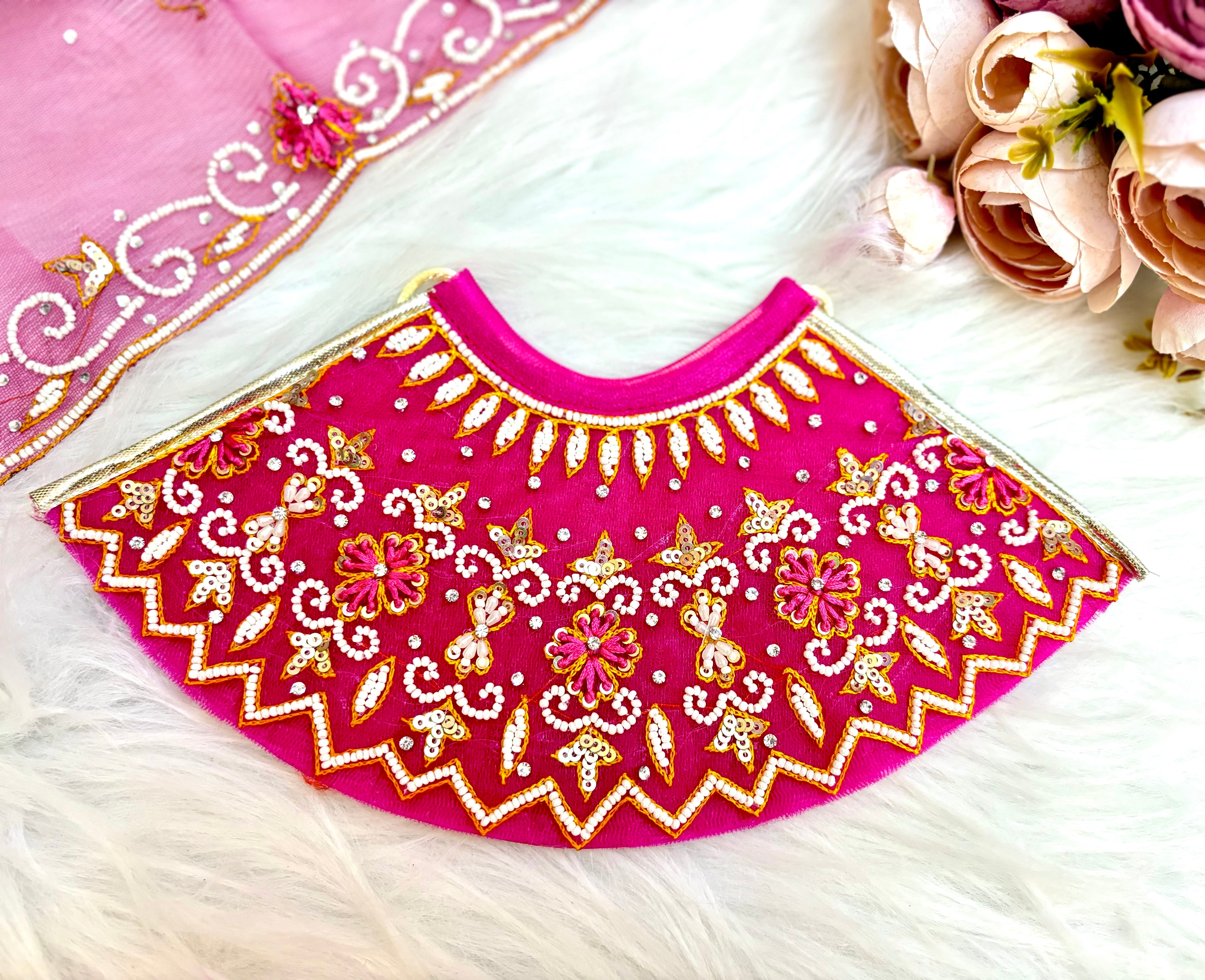 Handmade Luxe Magenta Pearl Lehenga Set - Designer Choli & Dupatta for Laddu Gopal Dress, Kanha Ji Poshak, Bal Gopal Dress, Janmashtami Festival