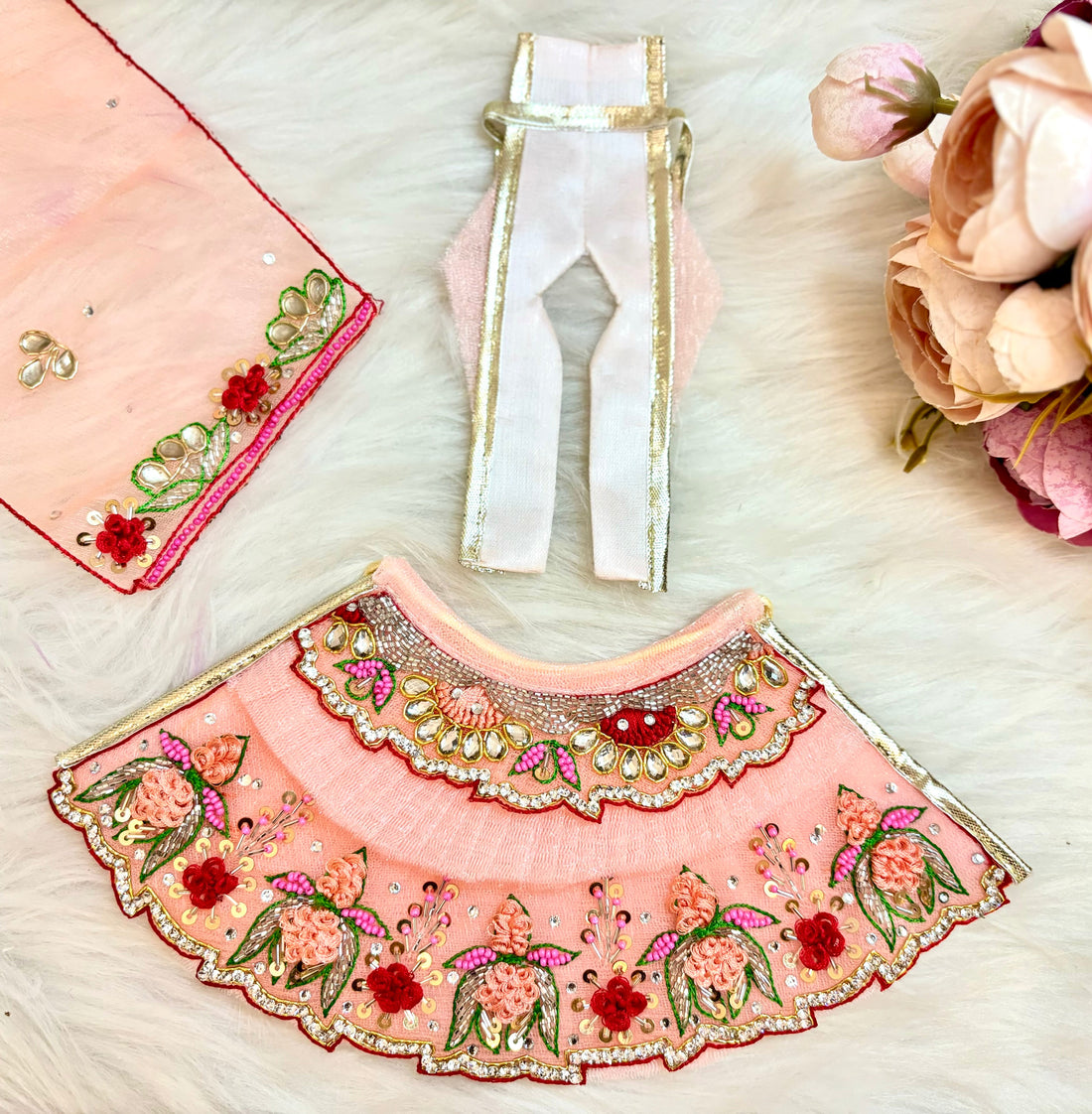 Handmade Luxe Pastel Peach Lotus Lehenga Set - Designer Choli & Dupatta for Laddu Gopal Dress, Kanha Ji Poshak, Bal Gopal & Krishna Ji Dress - Perfect for Janmashtami Festival