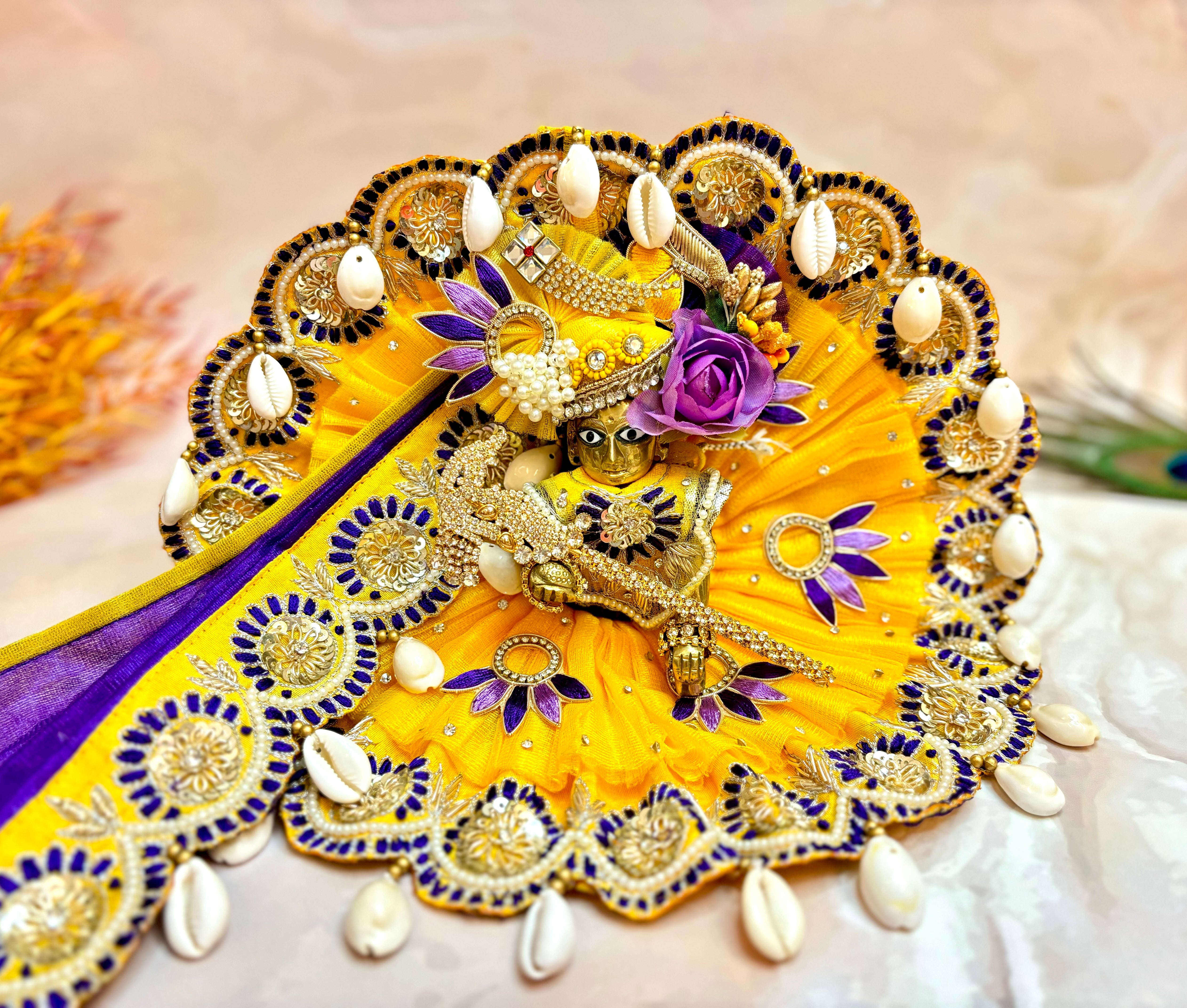 Handmade Designer Mustard Yellow Laddu Gopal Dress with Purple Embroidery | Fancy Kanha Ji Poshak for Janmashtami & Festivals | Bal Gopal Dress