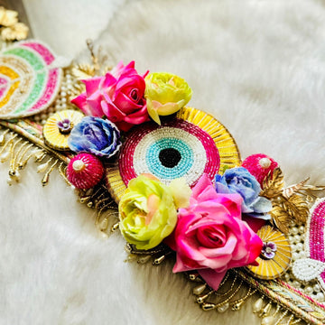 Handmade Luxe Pink Evil Eye Toran with Pearls - Perfect for Laddu Gopal Dress, Kanha Ji Poshak, Bal Gopal Dress & Janmashtami Celebrations