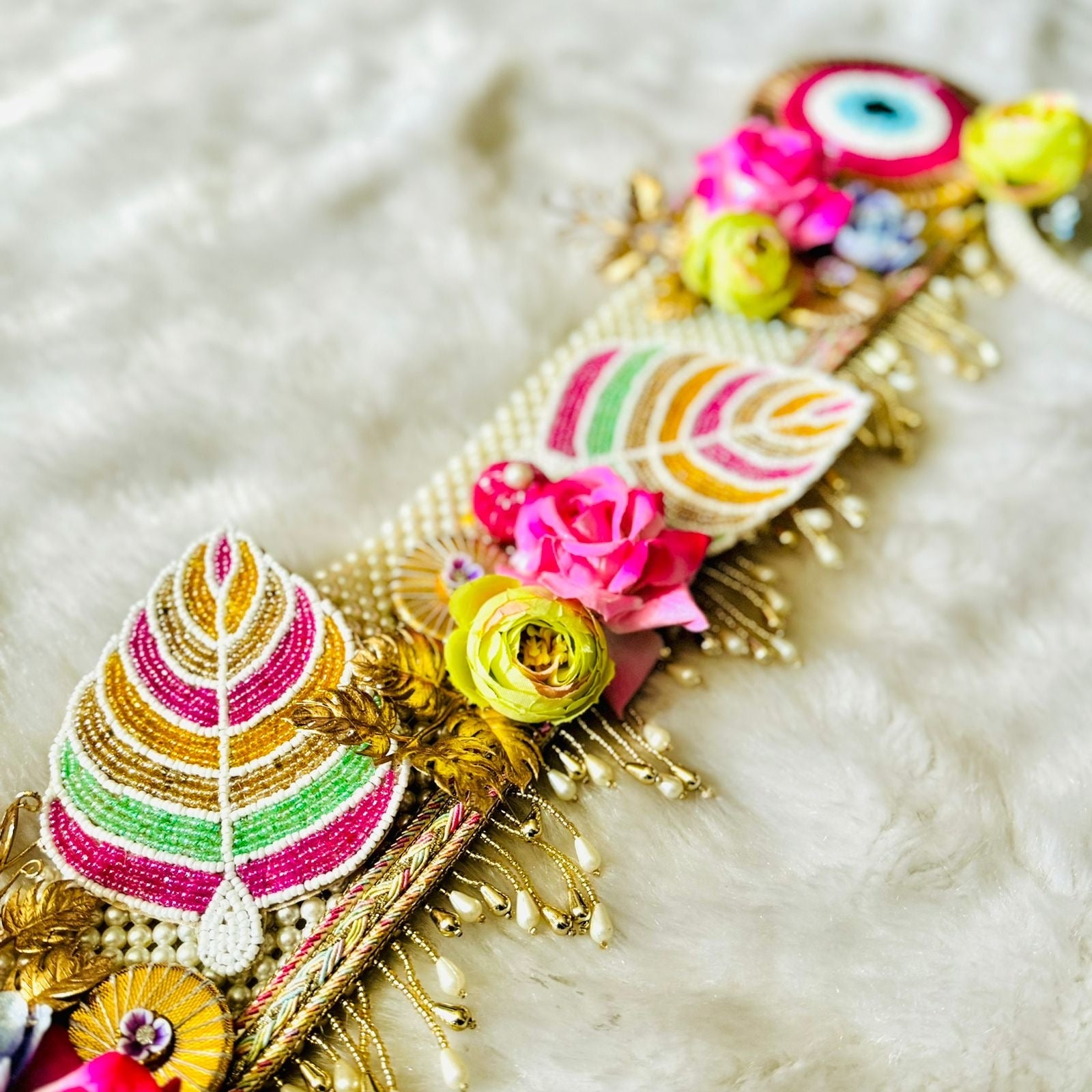 Handmade Luxe Pink Evil Eye Toran with Pearls - Perfect for Laddu Gopal Dress, Kanha Ji Poshak, Bal Gopal Dress & Janmashtami Celebrations