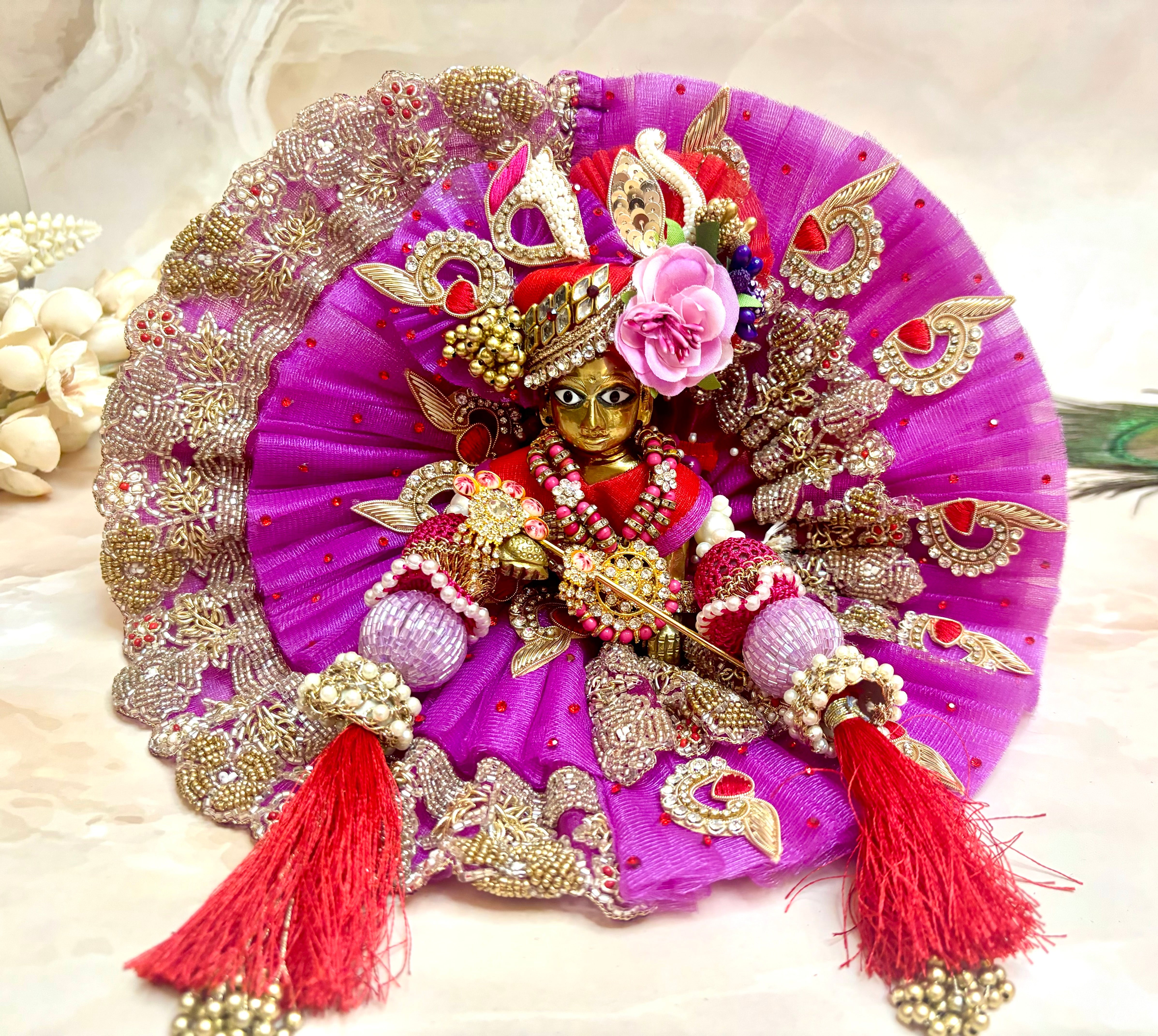 Handmade Luxe Purple Designer Laddu Gopal Dress Set - 4 Piece Kanha Ji Poshak for Janmashtami, Fancy Bal Gopal & Krishna Ji Dress