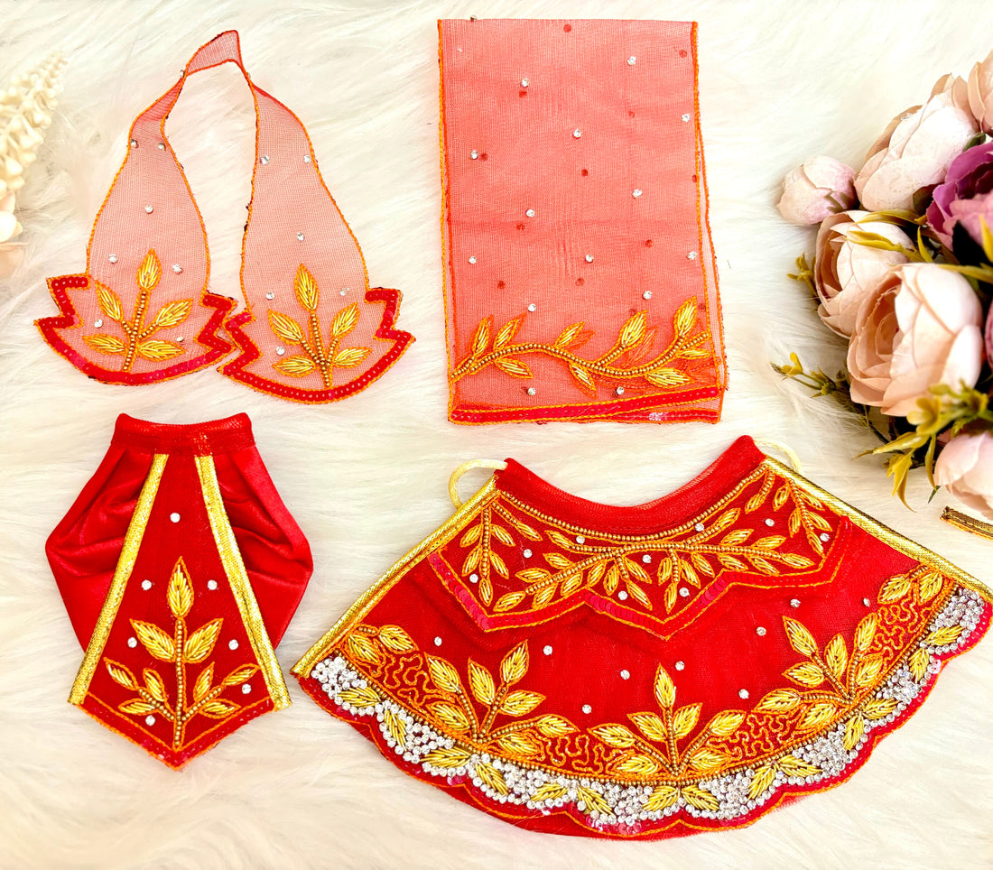 Designer Luxe Lehenga & Dhoti Set for Laddu Gopal - Golden Red Leaf Poshak for Kanha Ji, Bal Gopal & Krishna Ji - Perfect for Janmashtami Celebrations