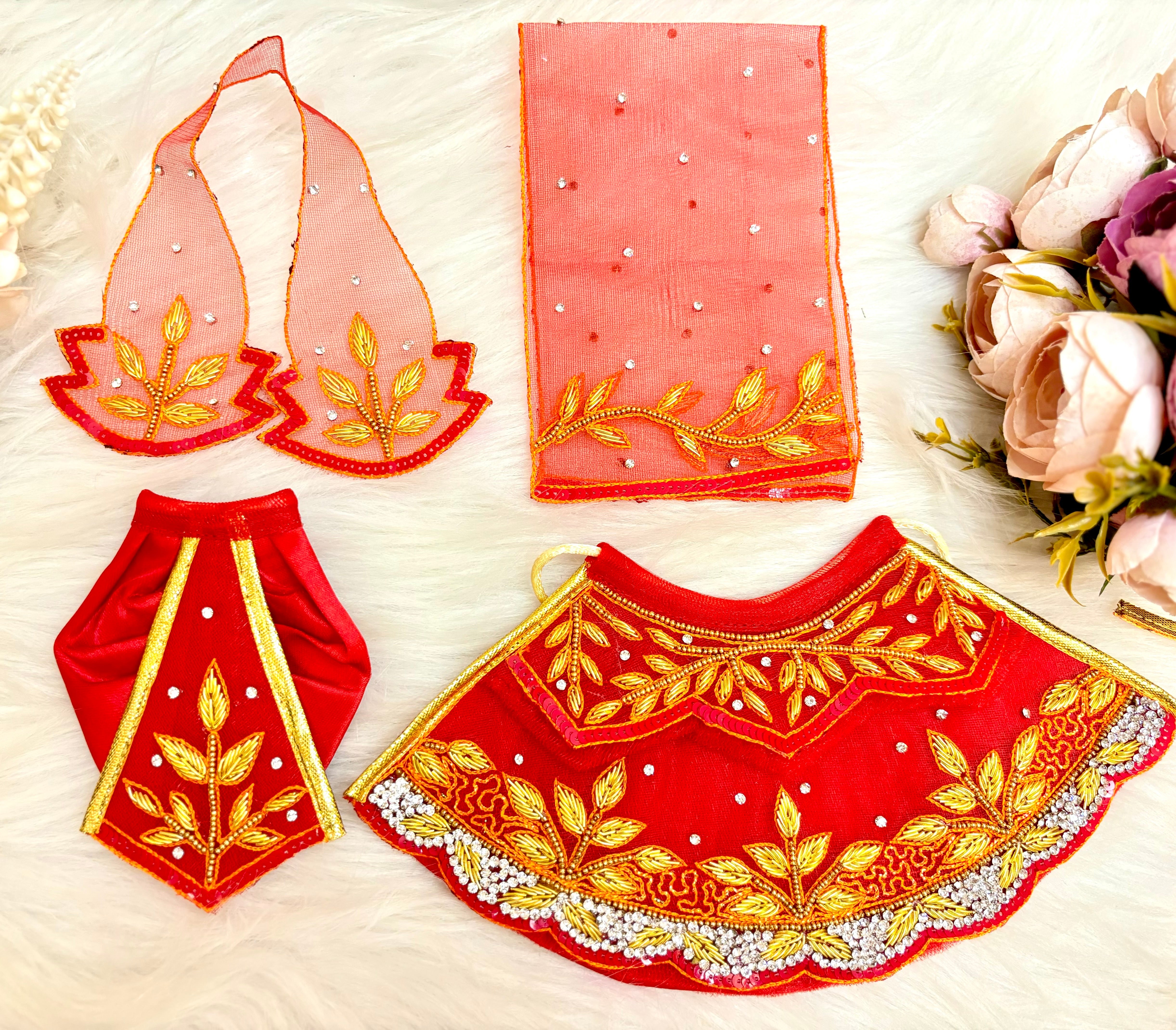 Designer Luxe Lehenga & Dhoti Set for Laddu Gopal - Golden Red Leaf Poshak for Kanha Ji, Bal Gopal & Krishna Ji - Perfect for Janmashtami Celebrations