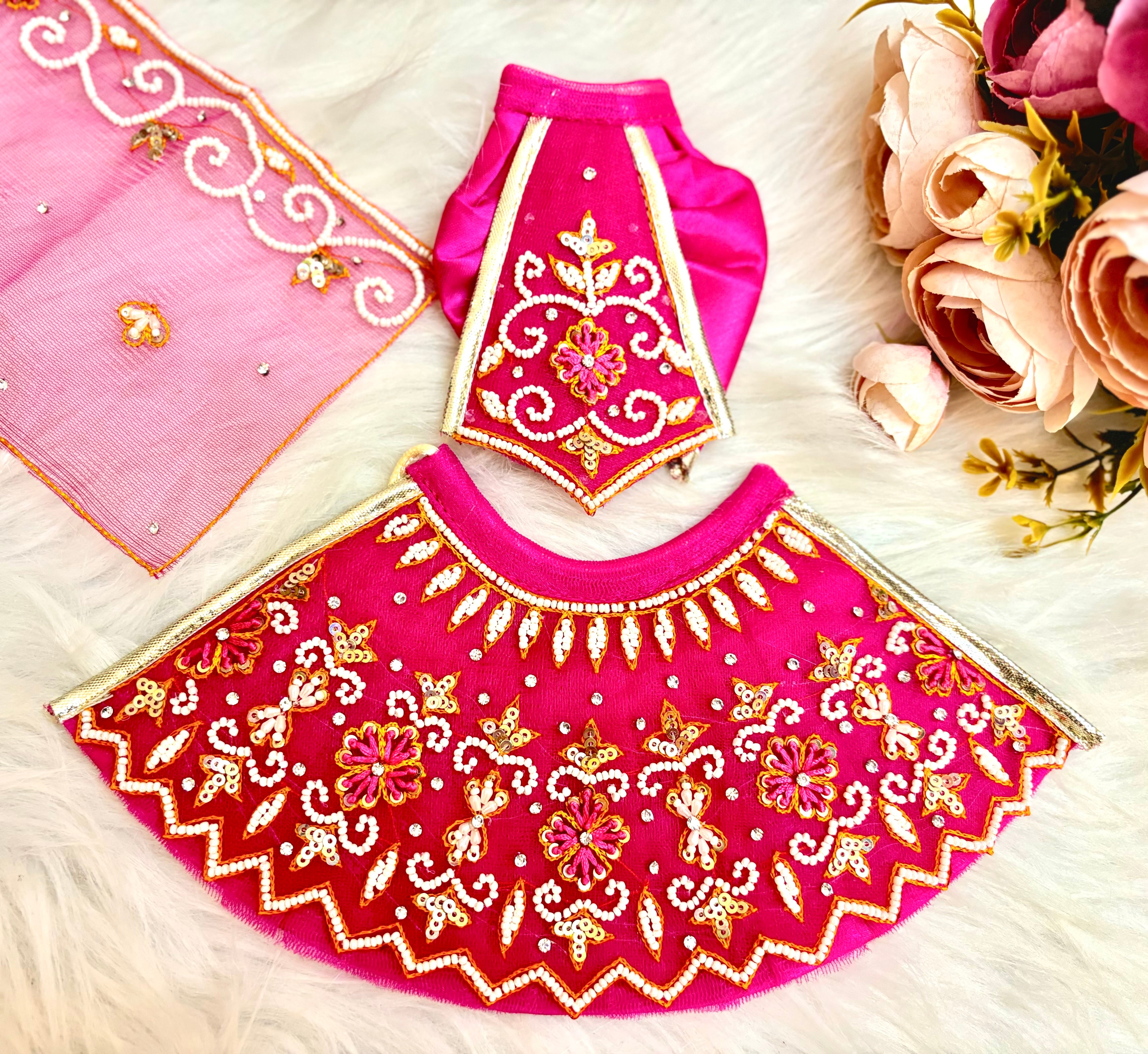 Handmade Luxe Magenta Pearl Lehenga & Dhoti Set - 6 Piece Designer Dress for Laddu Gopal, Kanha Ji, Bal Gopal & Krishna Ji - Perfect for Janmashtami Festival