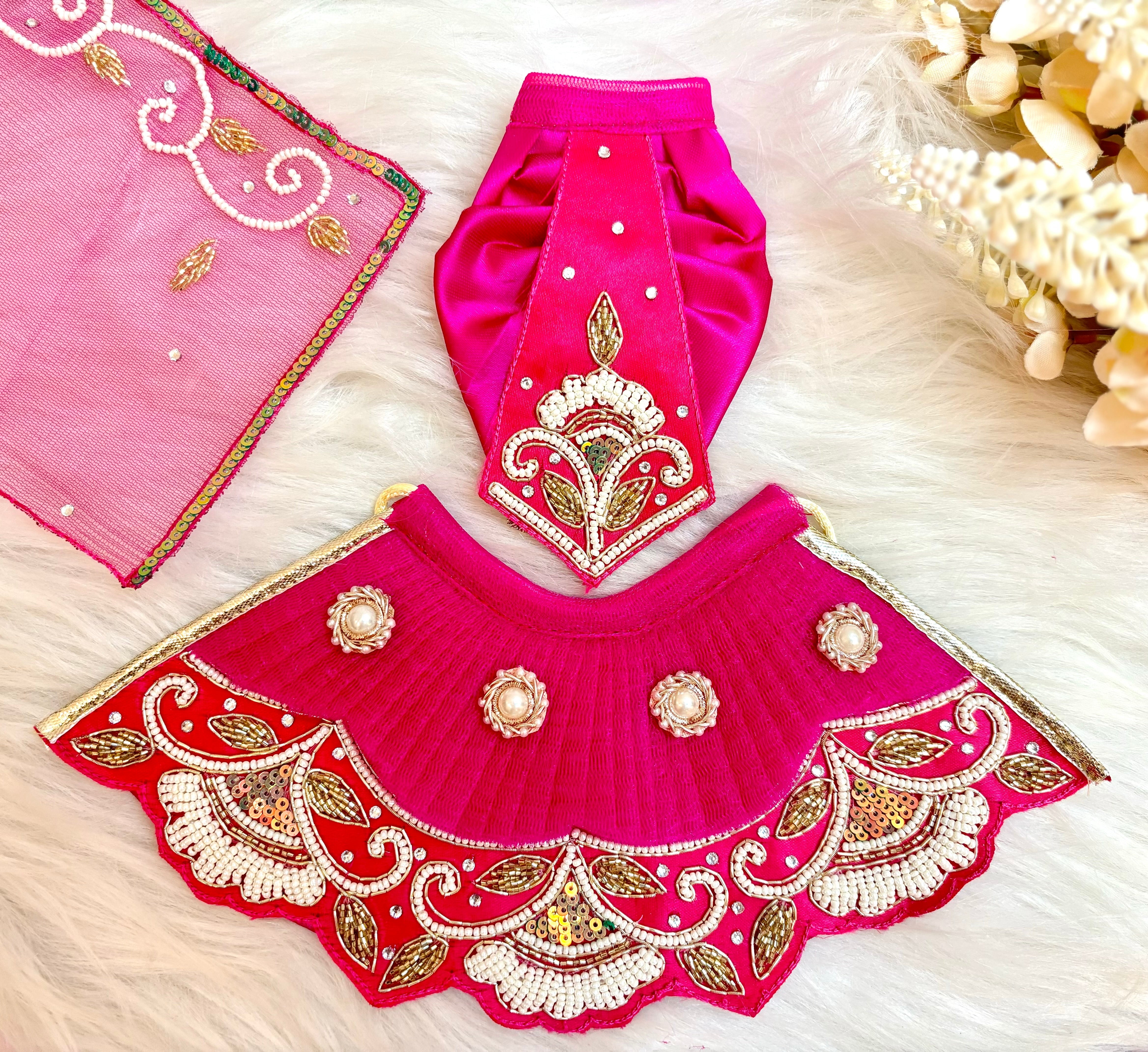 Designer Pink Pearl & Sequence Lehenga & Dhoti Set for Laddu Gopal - 6 Piece Kanha Ji Poshak, Bal Gopal Dress for Janmashtami Festival