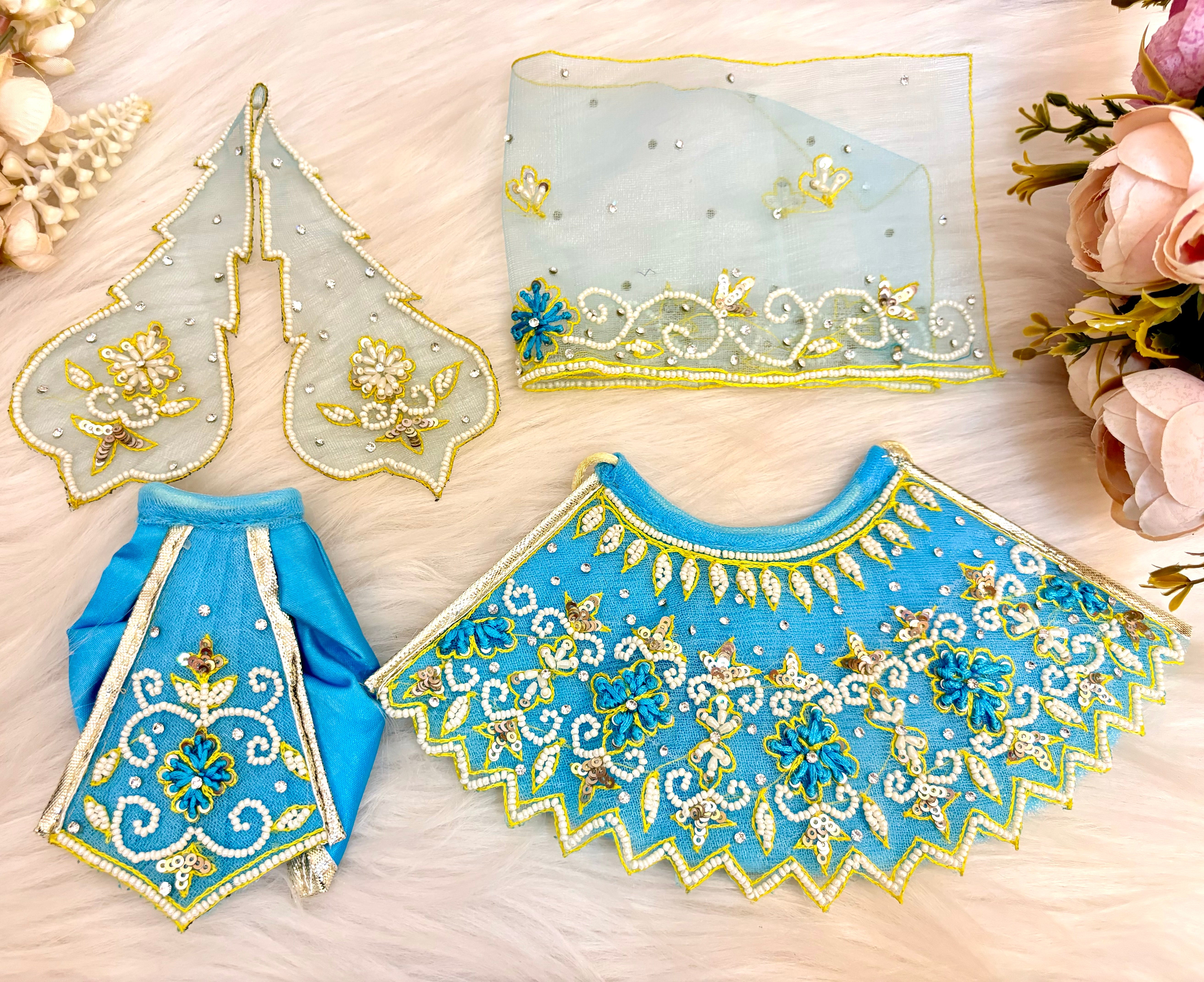 Handmade Sky Blue Pearl Lehenga & Dhoti Set - 6 Piece Designer Laddu Gopal Dress for Janmashtami | Kanha Ji Poshak & Bal Gopal Dress
