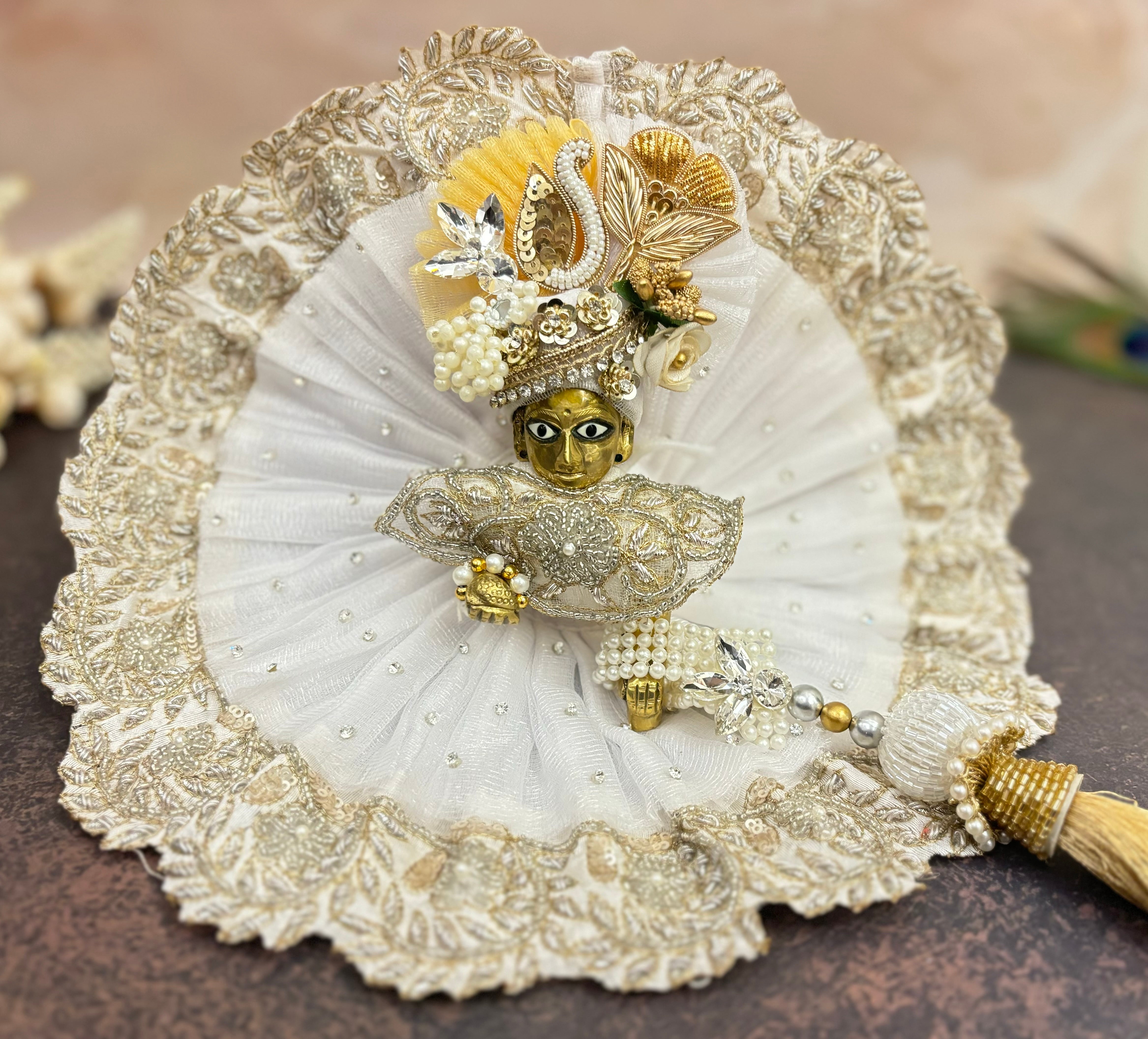 Luxe Handmade Sharad Purnima Special 4-Piece Laddu Gopal Dress Set | Designer Kanha Ji Poshak & Bal Gopal Dress for Janmashtami Festival