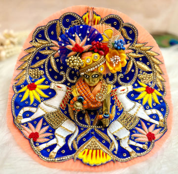 Handmade Luxe Haathi Godha Palki Blue & Peach Designer Laddu Gopal Dress Set - Fancy Kanha Ji Poshak for Janmashtami Celebration (4 Pieces)