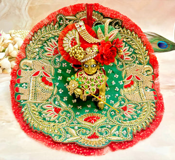 Handmade Luxe Green & Red Designer Laddu Gopal Dress Set - 4 Piece Kanha Ji Poshak for Janmashtami, Fancy Bal Gopal & Krishna Ji Dress