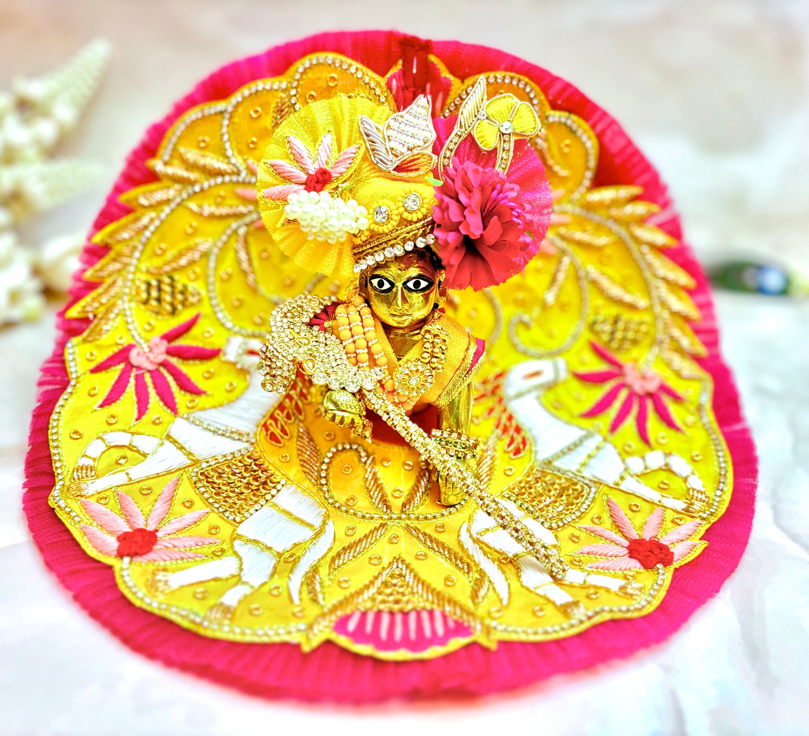 Luxe Hand-Embroidered Laddu Gopal Dress Set - Yellow & Pink Designer Poshak for Kanha Ji, Bal Gopal & Krishna Ji - Perfect for Janmashtami Celebrations