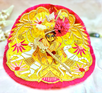 Luxe Hand-Embroidered Laddu Gopal Dress Set - Yellow & Pink Designer Poshak for Kanha Ji, Bal Gopal & Krishna Ji - Perfect for Janmashtami Celebrations