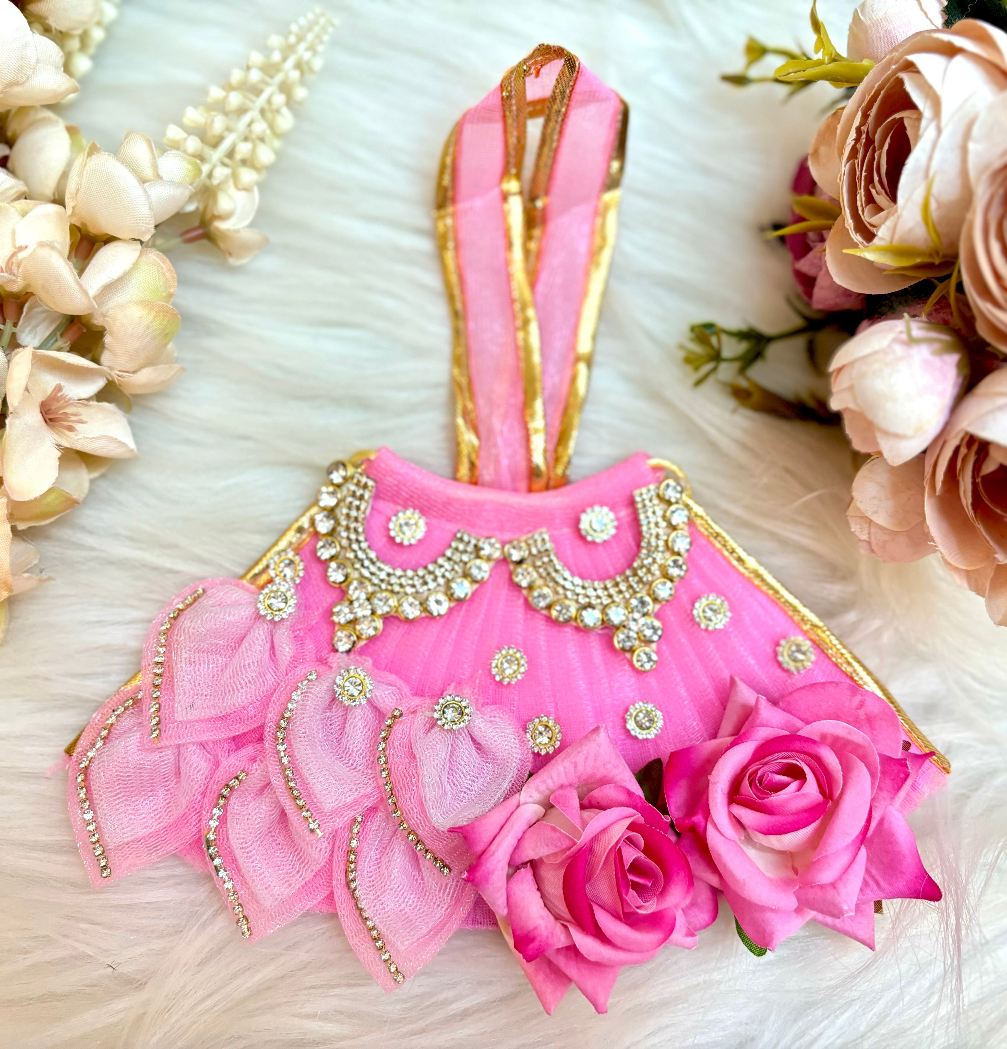 Handmade Mata Rani Pink Rose Lehenga Set - Designer Choli & Dupatta for Laddu Gopal Dress, Kanha Ji Poshak, Bal Gopal Dress for Janmashtami Festival