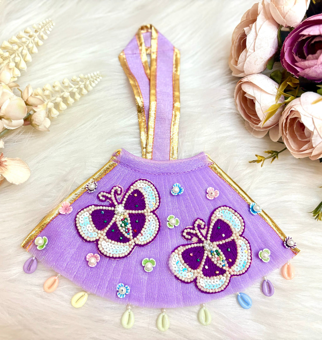 Handmade Mata Rani Purple Butterfly Lehenga Set - Designer Choli & Dupatta for Laddu Gopal Dress, Kanha Ji Poshak, Bal Gopal Dress for Janmashtami