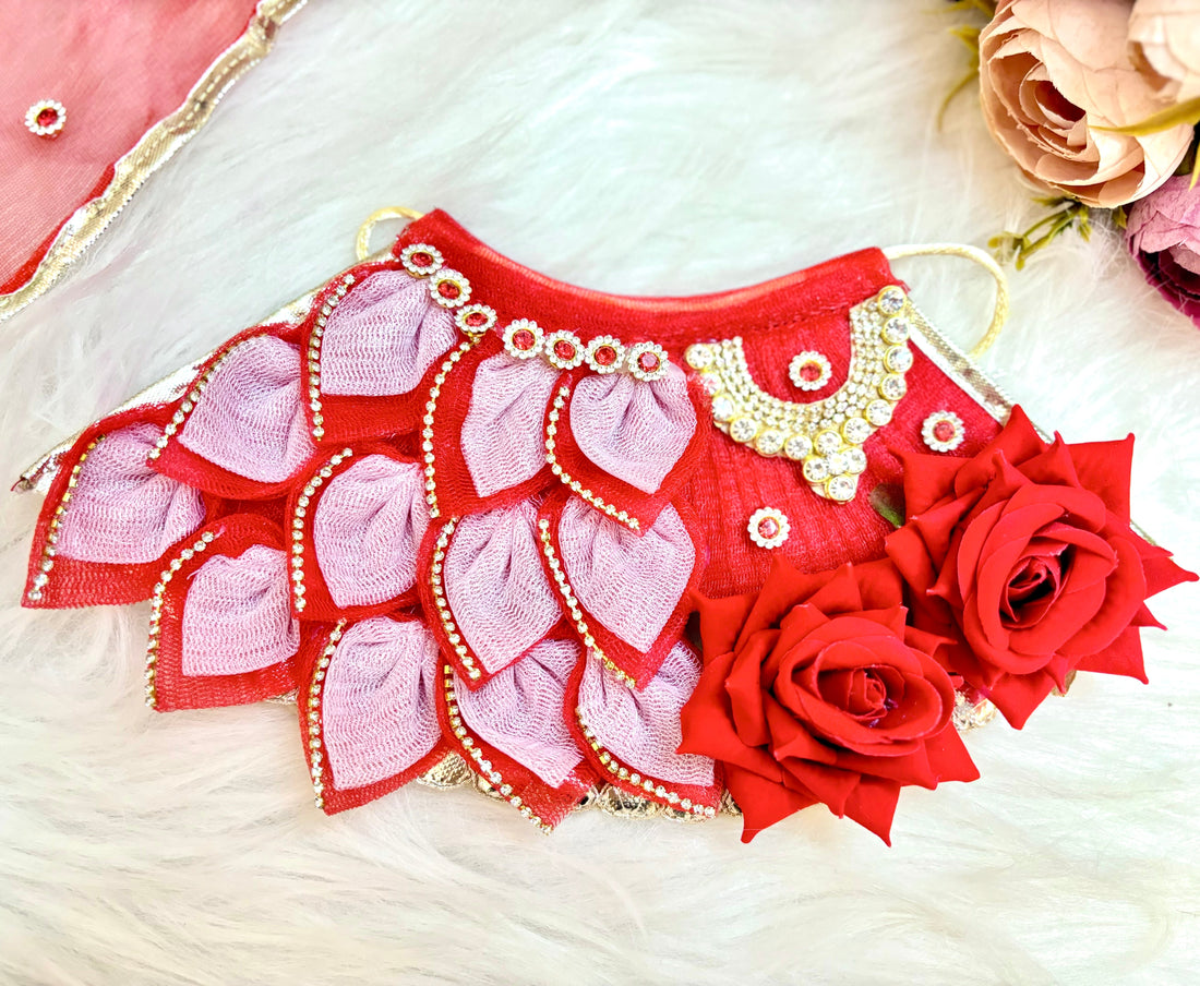 Handmade Mata Rani Red Rose Lehenga Set - 3 Piece Choli & Dupatta for Laddu Gopal Dress, Kanha Ji Poshak, Bal Gopal & Krishna Ji Dress - Perfect for Janmashtami Festival