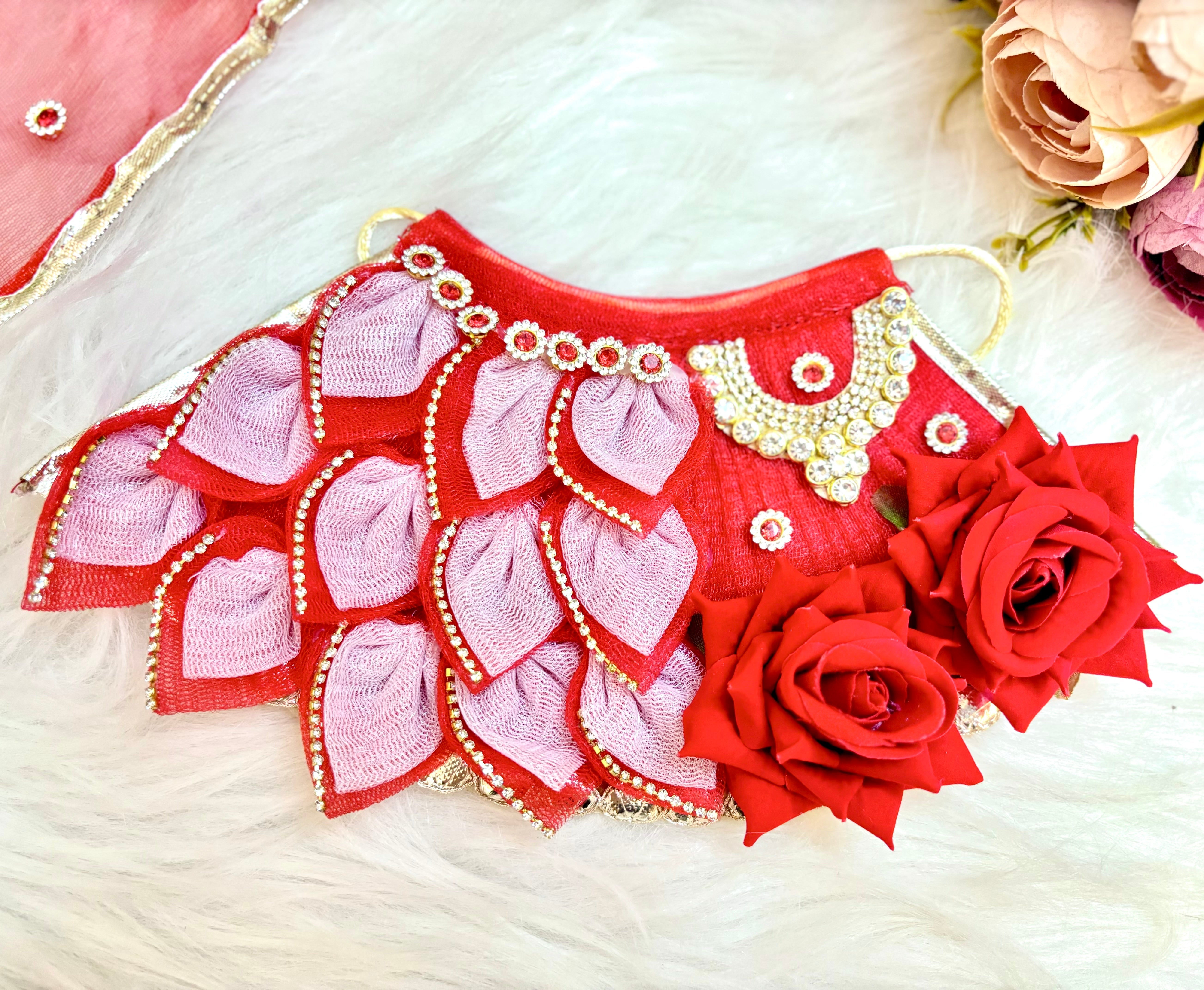 Handmade Mata Rani Red Rose Lehenga Set - 3 Piece Choli & Dupatta for Laddu Gopal Dress, Kanha Ji Poshak, Bal Gopal & Krishna Ji Dress - Perfect for Janmashtami Festival