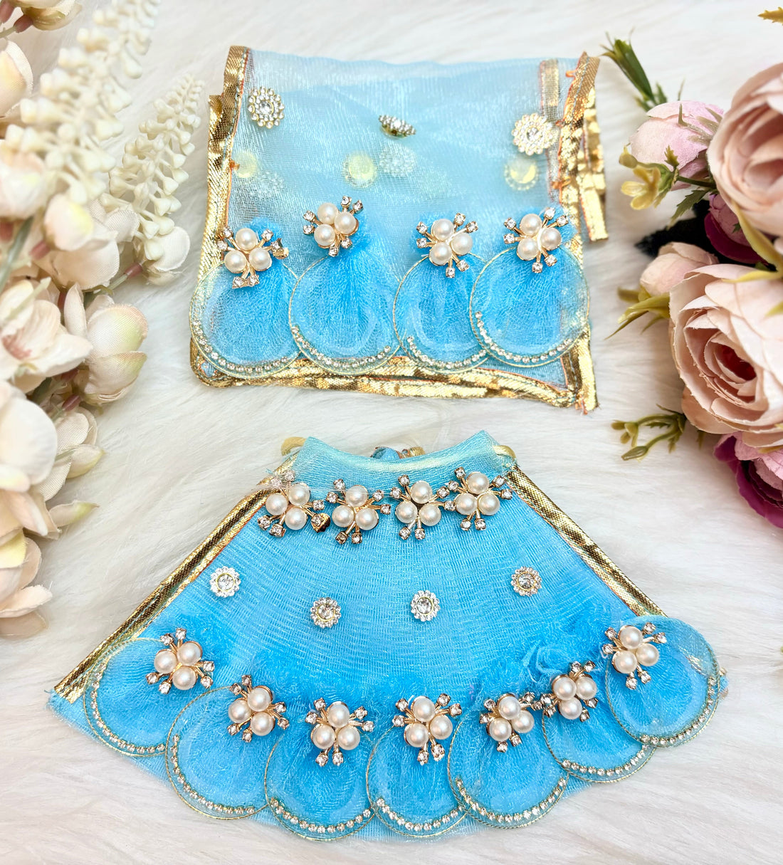 Handmade Mata Rani Skyblue Lehenga Set - 3 Piece Choli & Dupatta for Laddu Gopal Dress, Kanha Ji Poshak, Bal Gopal Dress for Janmashtami Festival