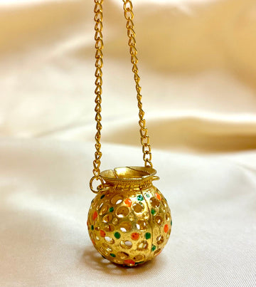 Handmade Metal Decorated Matki with Hanging String for Laddu Gopal Ji - Perfect for Janmashtami, Bal Gopal Dress, and Kanha Ji Poshak