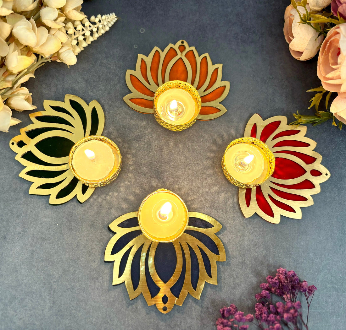 Handmade Multi-Color Lotus Tealight Holders (Pack of 5) with 5 Free Wax Candles - Perfect for Janmashtami, Laddu Gopal Dress & Kanha Ji Poshak Decor