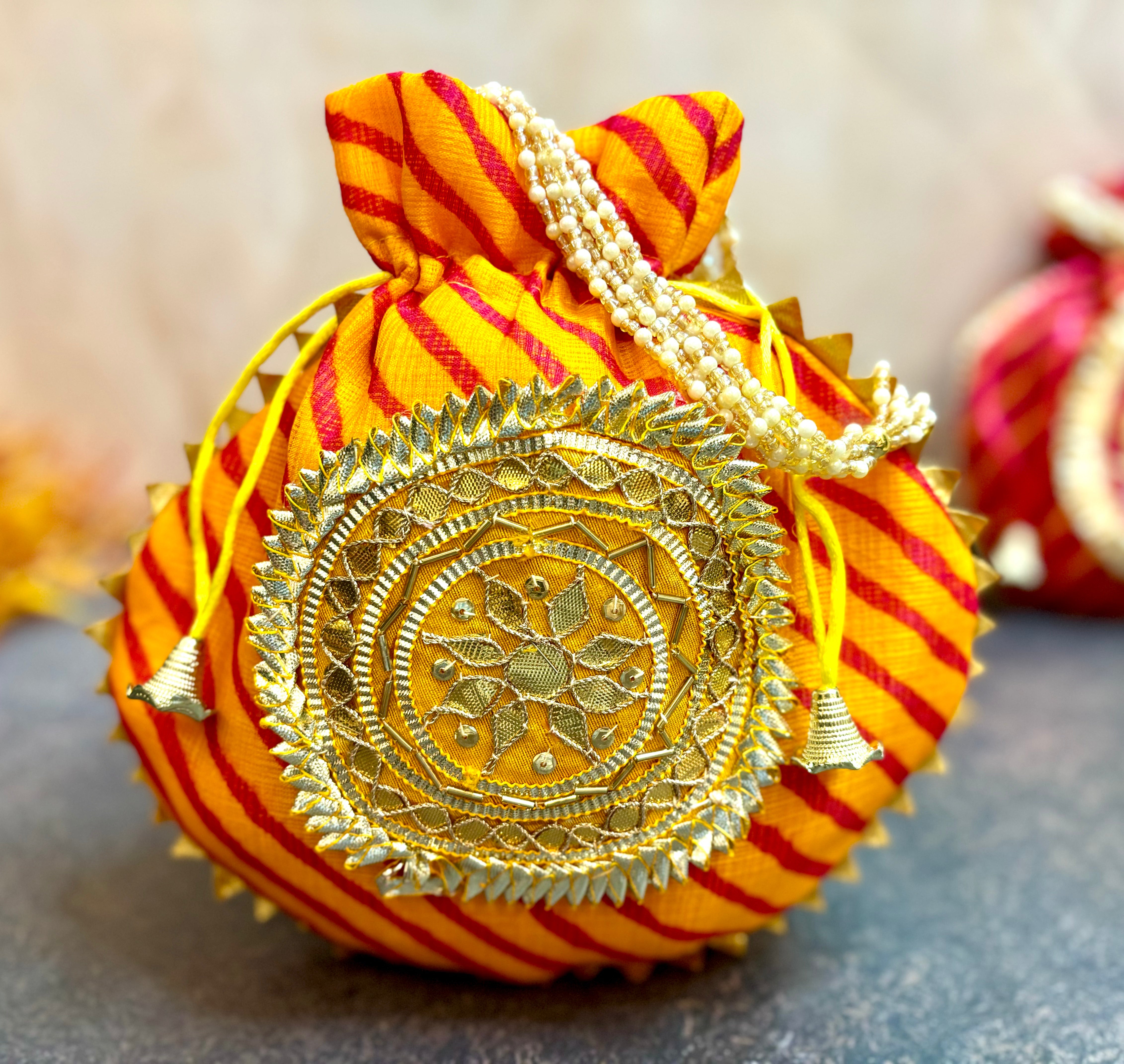Handmade Mustard Yellow Kota Doriya Potli with Pearl Handle - Designer Laddu Gopal Dress, Kanha Ji Poshak for Janmashtami Festival