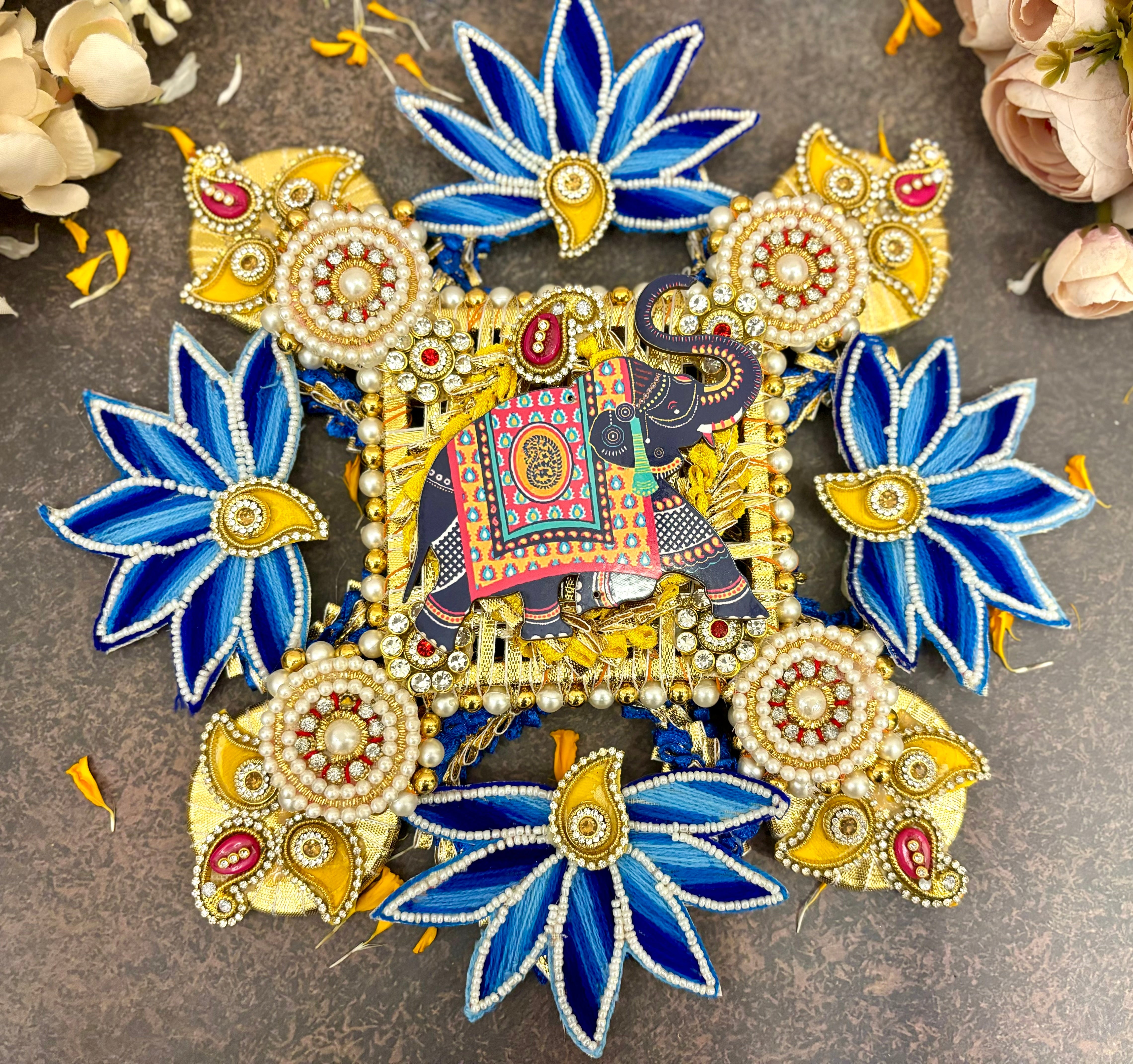 Handmade Ocean Lotus Rangoli Centre Decor Piece - Perfect for Janmashtami, Featuring Laddu Gopal Dress, Kanha Ji Poshak, and Bal Gopal Dress