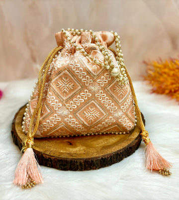 Handmade Pastel Peach Lucknowi Potli with Pearl Handle - Perfect for Laddu Gopal Dress, Kanha Ji Poshak, and Janmashtami Celebrations