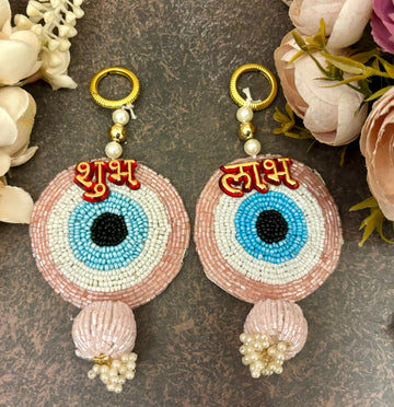 Handmade Pastel Pink Evil Eye Shubh Labh Hanging - Designer Laddu Gopal Dress, Kanha Ji Poshak for Janmashtami, Bal Gopal & Krishna Ji Dress