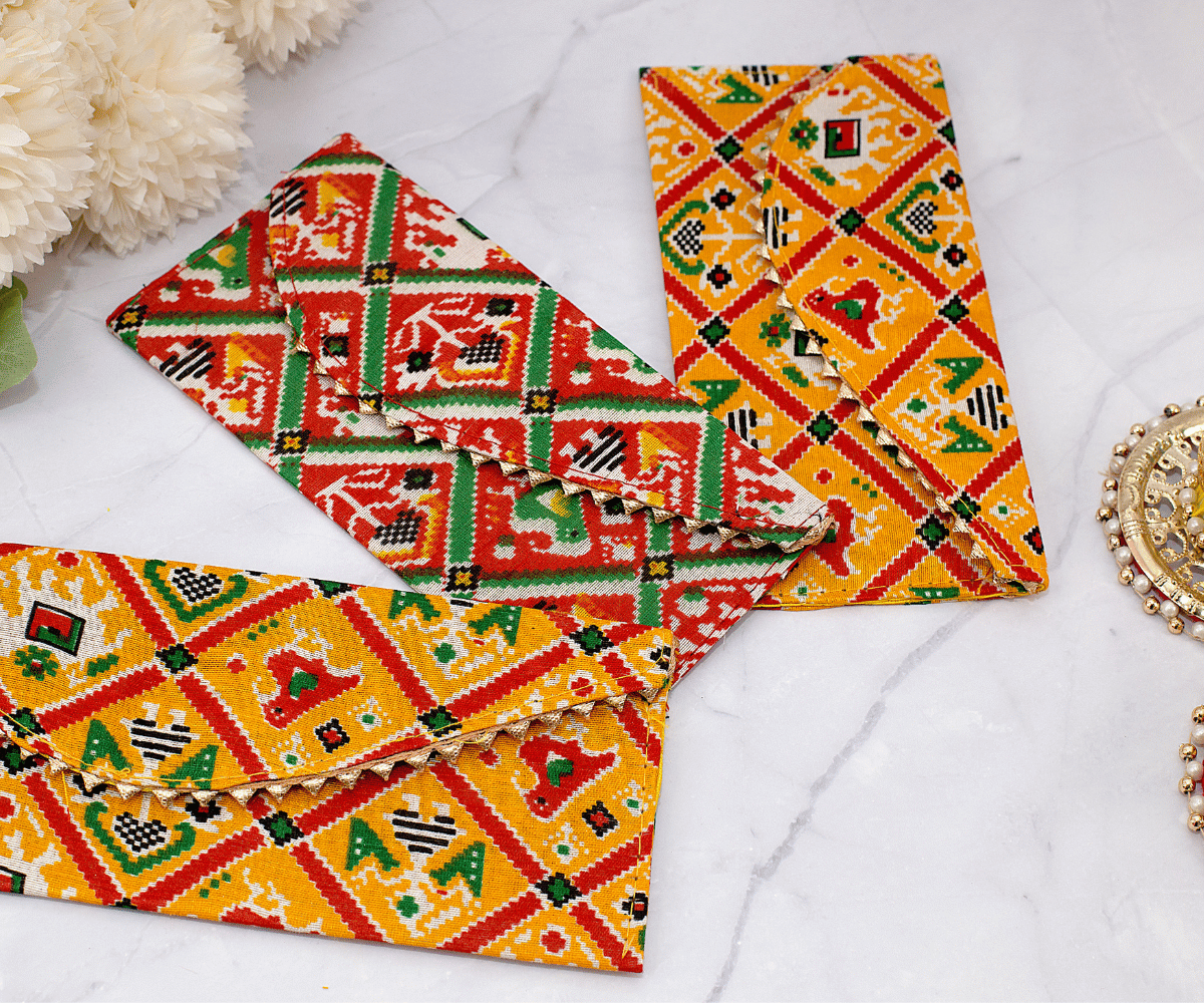 Pack of 10 Multi-Color Patola Envelopes for Laddu Gopal Dress, Kanha Ji Poshak, Bal Gopal Dress & Krishna Ji Dress - Perfect for Janmashtami Celebrations