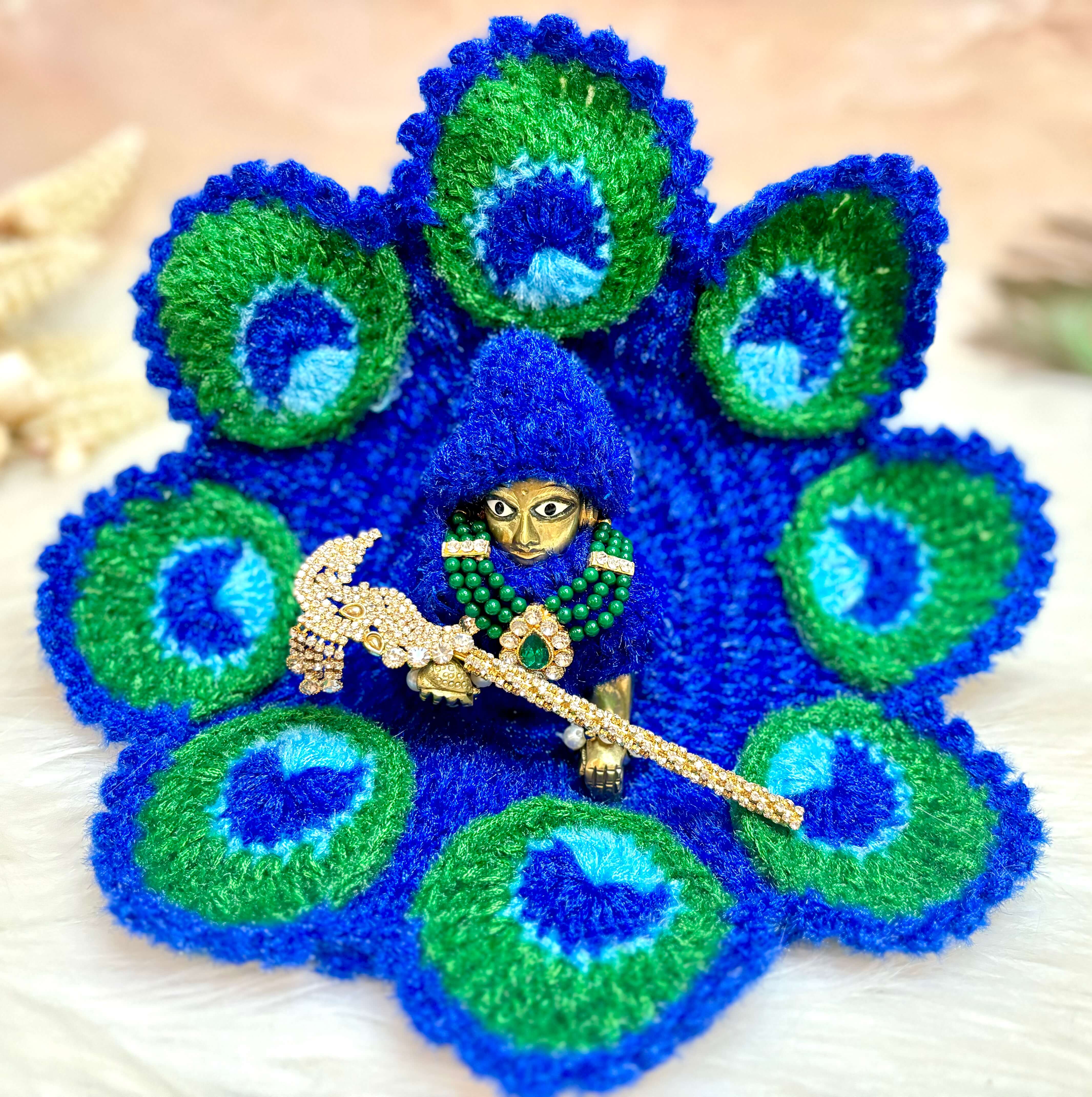 Handmade Peacock Woollen Laddu Gopal Dress - Designer Kanha Ji Poshak for Janmashtami, Fancy Bal Gopal & Krishna Ji Dress