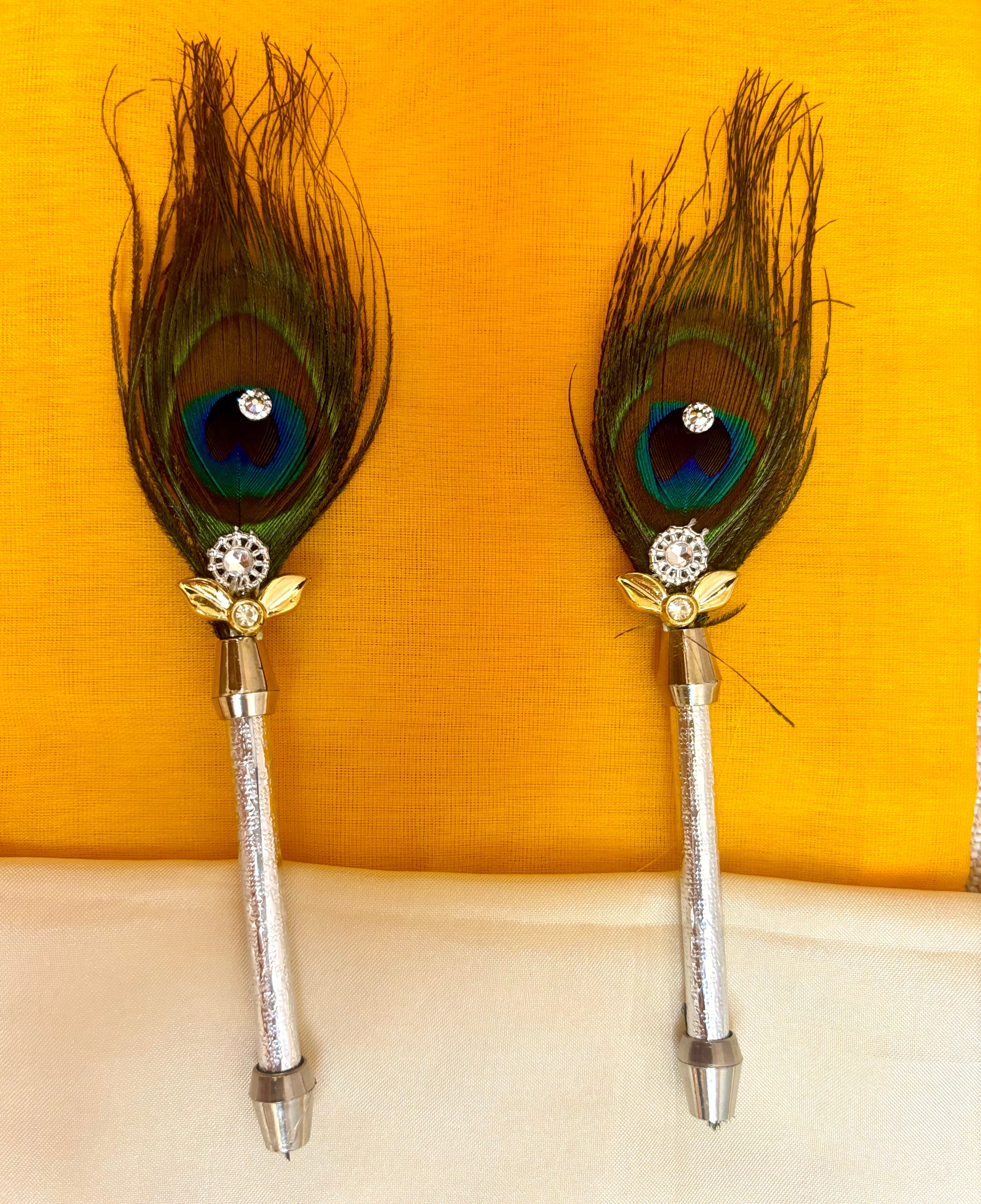Handmade Peacock Feather Stick for Laddu Gopal Ji - Pack of 2 | Perfect for Janmashtami, Designer Bal Gopal Dress, Kanha Ji Poshak & Krishna Ji Dress