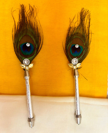Handmade Peacock Feather Stick for Laddu Gopal Ji - Pack of 2 | Perfect for Janmashtami, Designer Bal Gopal Dress, Kanha Ji Poshak & Krishna Ji Dress