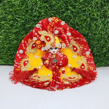 Designer Red & Yellow Bandhej Laddu Gopal Dress with Pagdi & Patka | Fancy Kanha Ji Poshak for Janmashtami, Holi & Diwali | Size 0-6