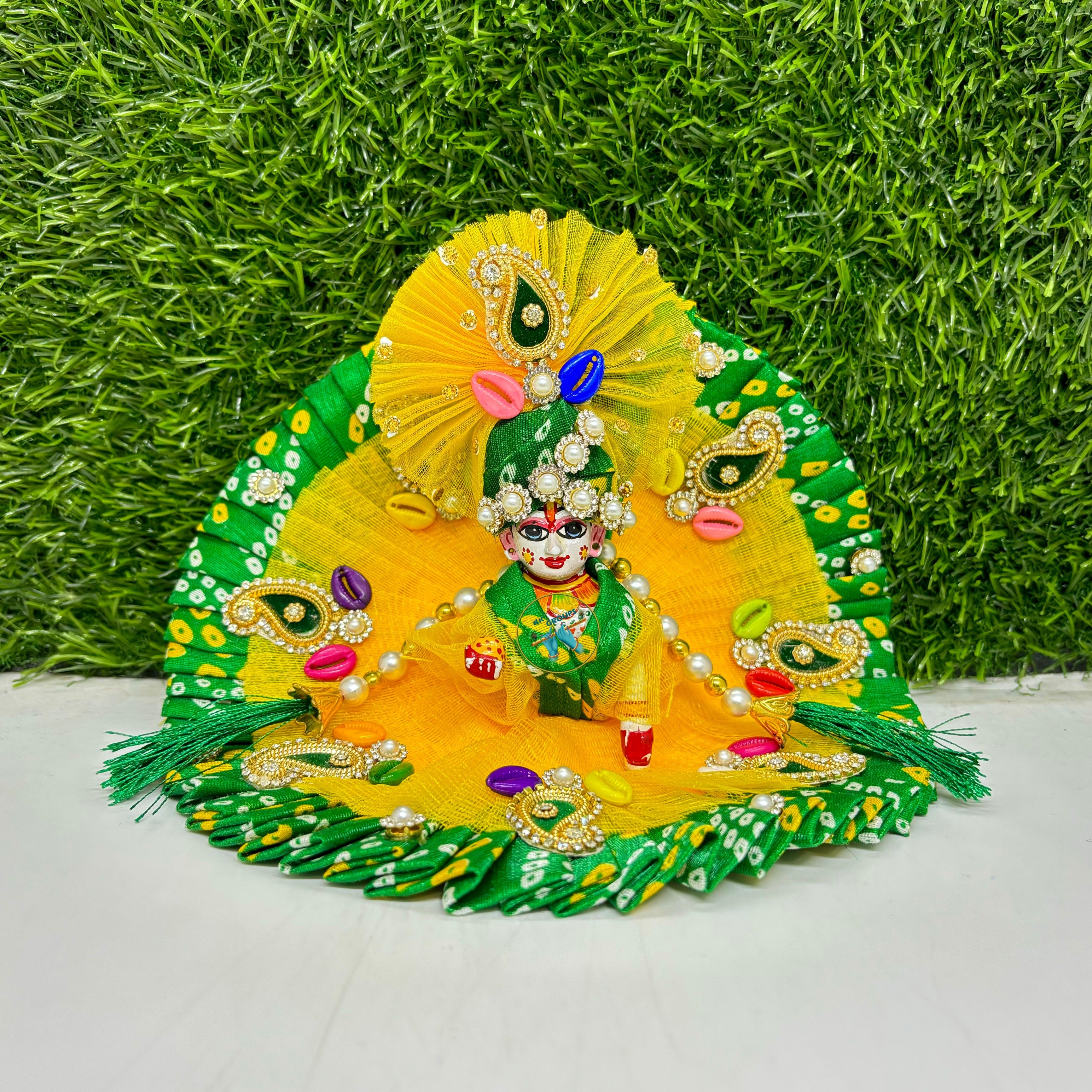 Designer Green Yellow Bandhej Heavy Laddu Gopal Dress with Pagdi & Patka | Unique Kanha Ji Poshak for Janmashtami, Holi & Diwali | Size 0-6