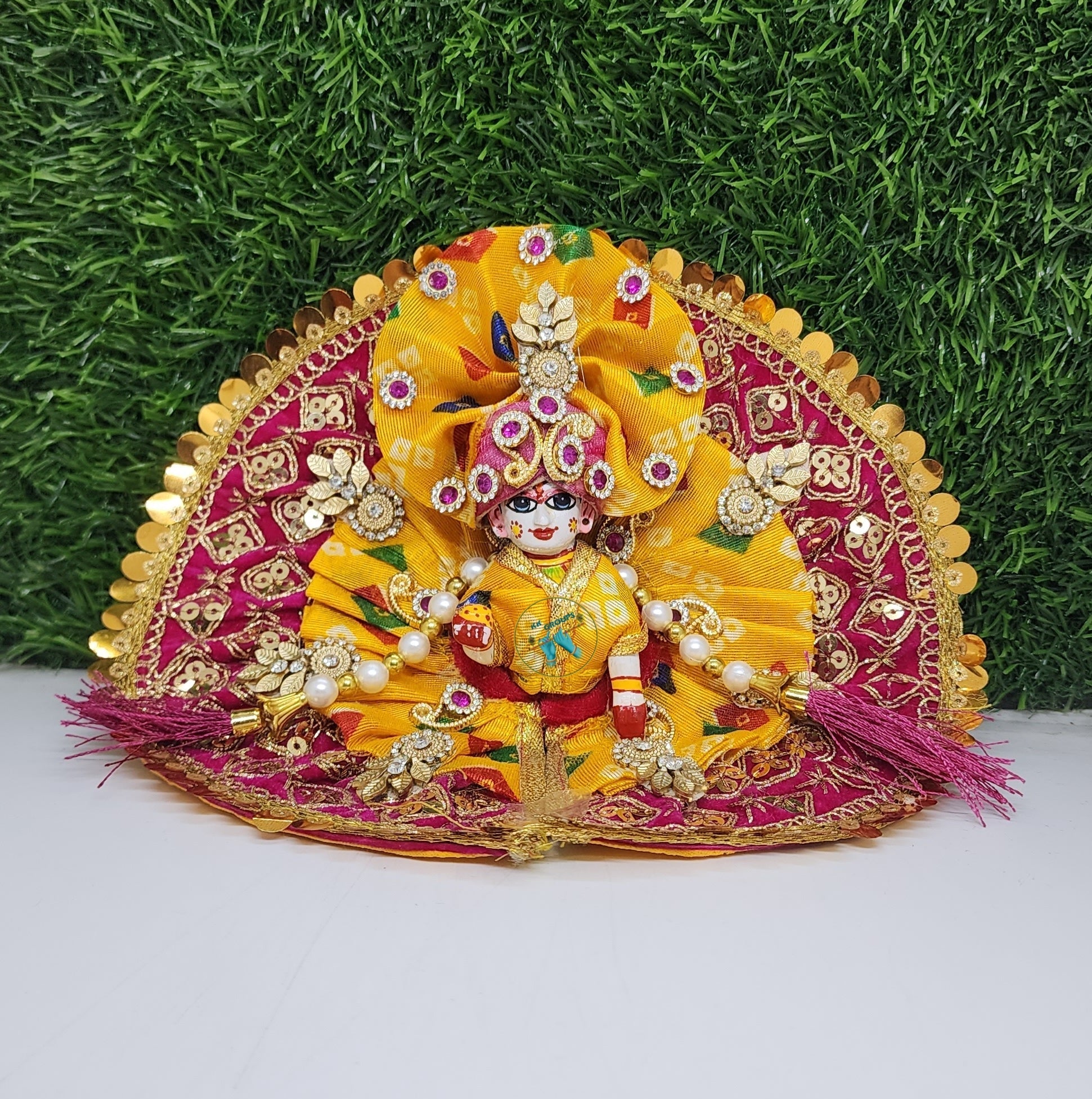 Handmade Designer Laddu Gopal Dress - Elegant Rani Yellow Poshak for Diwali & Janmashtami | Fancy Bal Gopal & Krishna Ji Dress