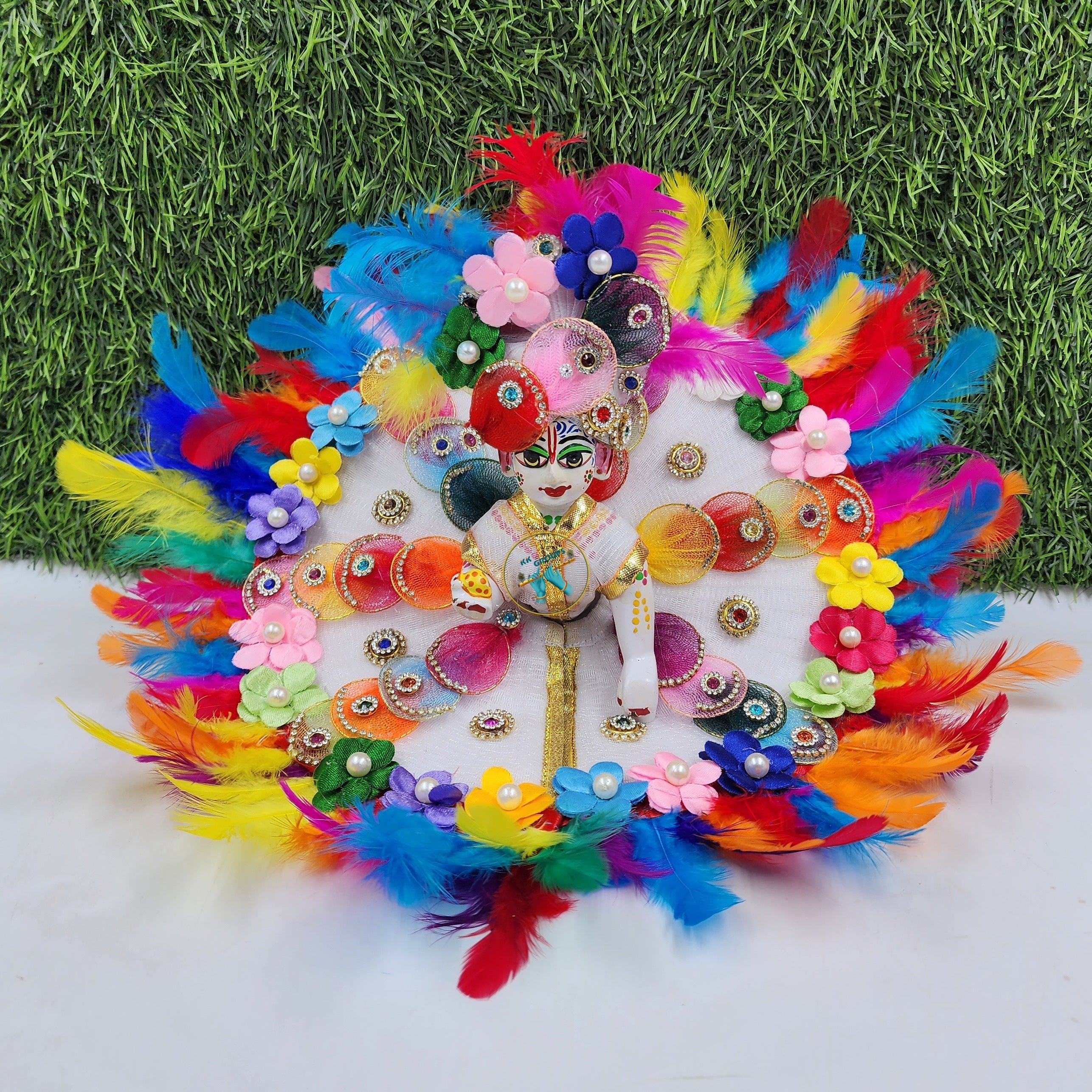 Elegant Laddu Gopal Dress with Multi Feather Design & Satin Flowers | Designer Kanha Ji Poshak for Janmashtami | Size 0-6 | Fancy Bal Gopal Dress