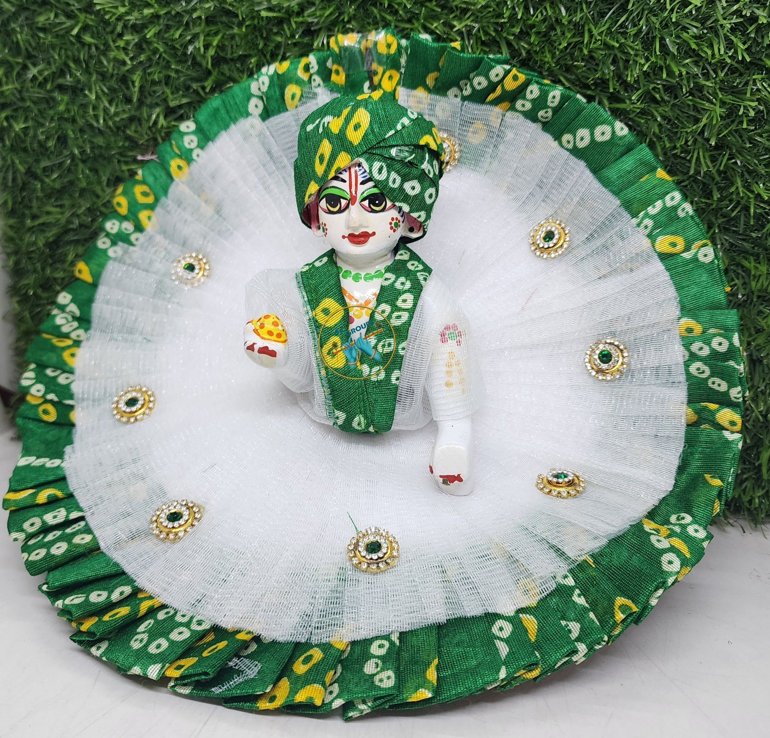 Designer Green Bhandhej Laddu Gopal Dress | Kanha Ji Poshak for Janmashtami, Holi & Diwali | Comfortable & Unique Bal Gopal Dress (Size 0-6)