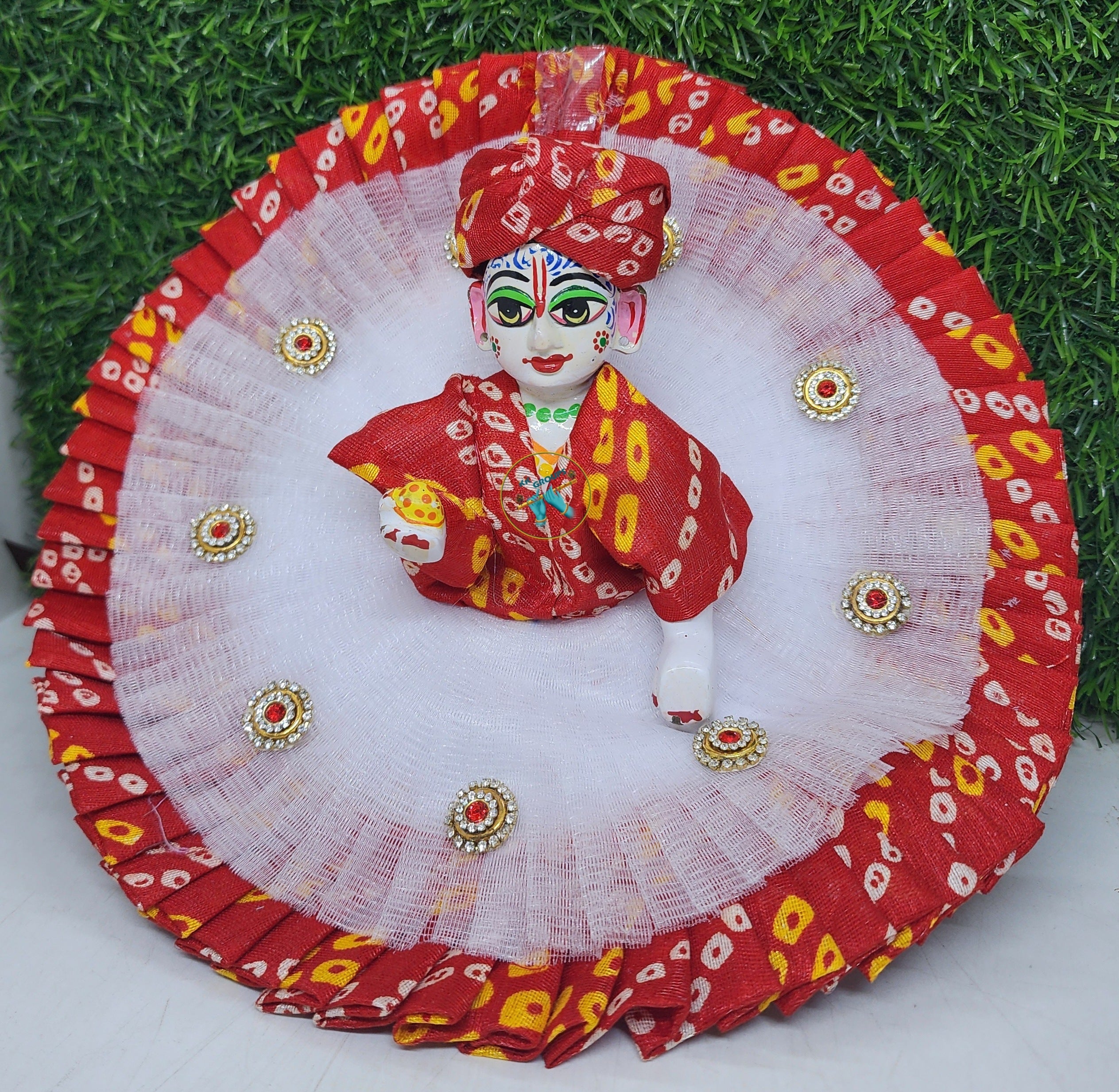 Designer Red Bhandhej Laddu Gopal Dress | Kanha Ji Poshak for Janmashtami, Diwali & Holi | Comfortable Fabric, Size 0-6, Unique Look for Bal Gopal