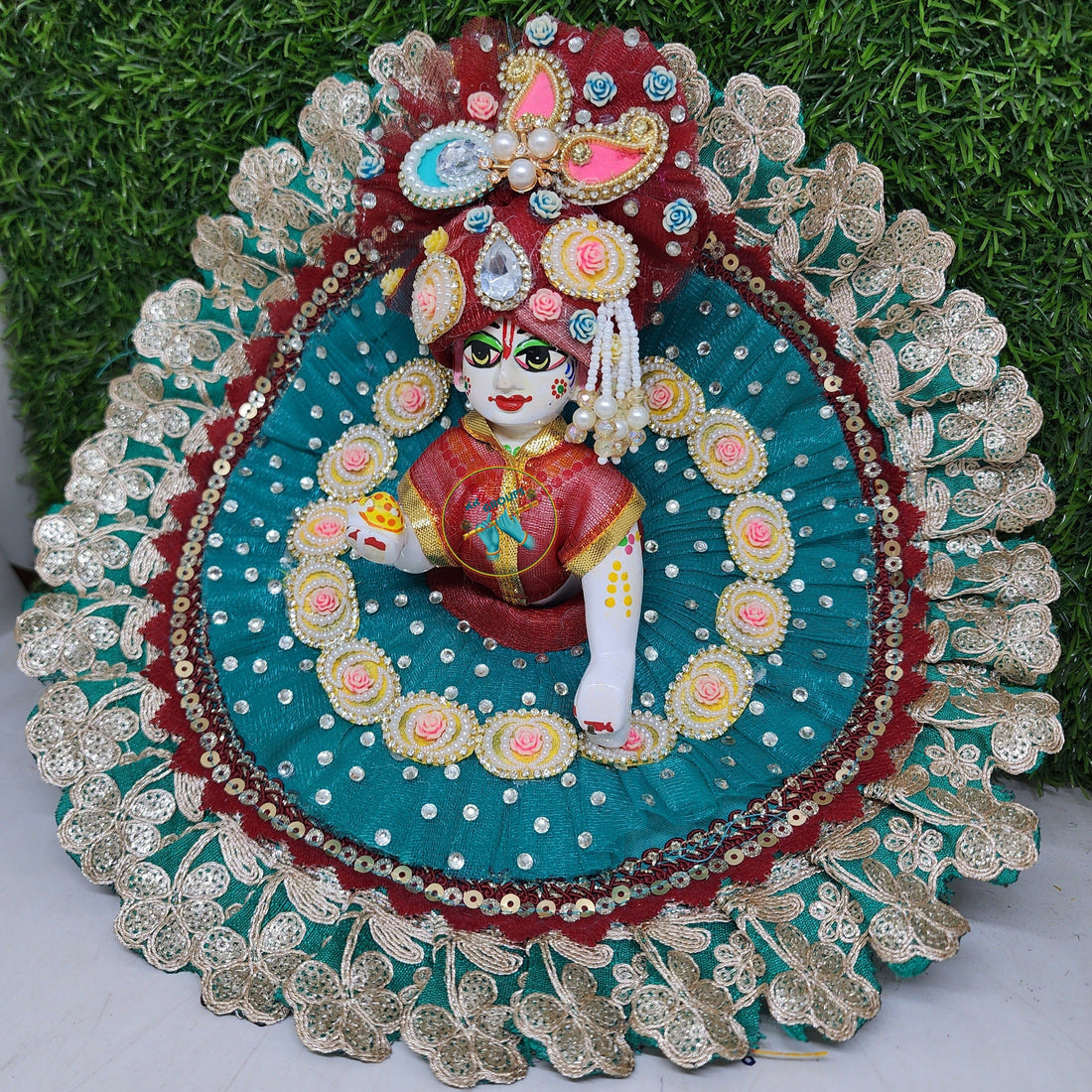 Designer Green Mehron Heavy Lace Dress for Laddu Gopal Ji | Fancy Kanha Ji Poshak | Perfect for Janmashtami & Festivals | Size 0-6