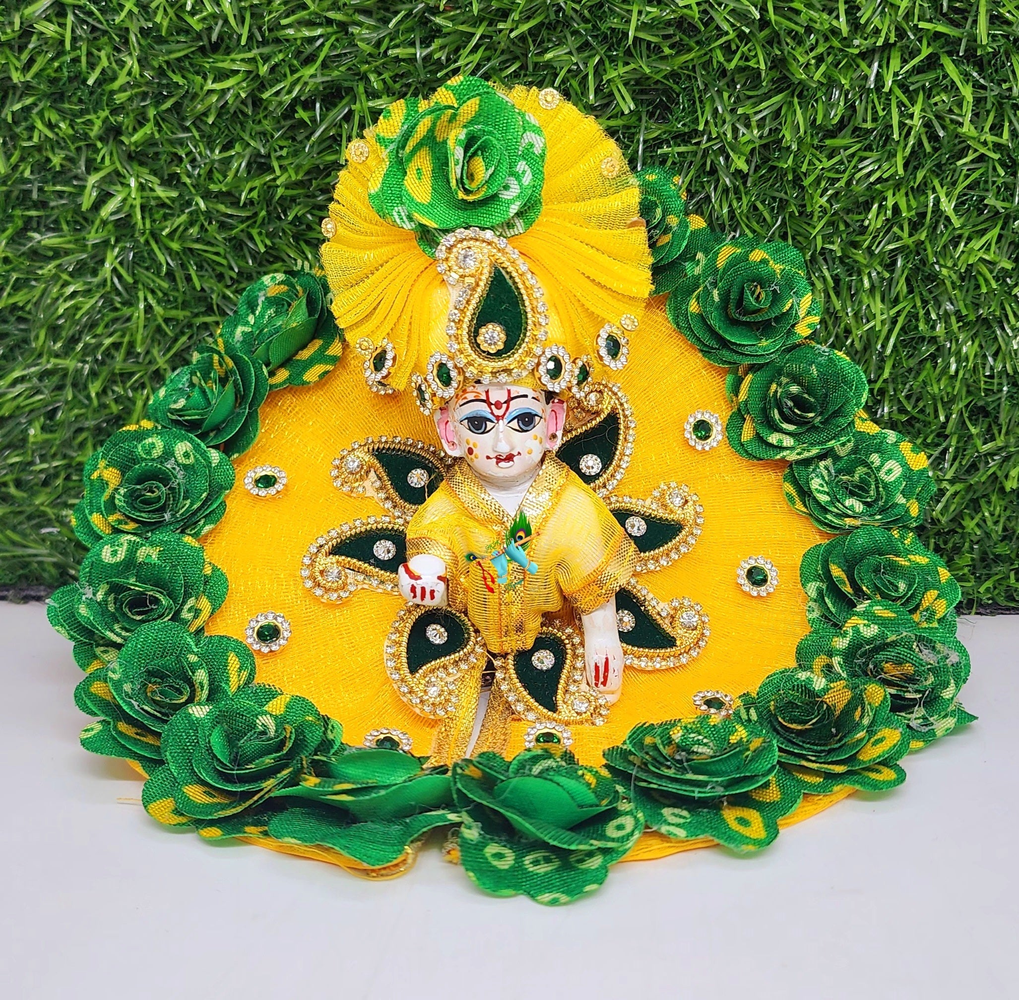 Handmade Laddu Gopal Dress with Green Bhandej Border & Floral Design - Designer Kanha Ji Poshak for Janmashtami & Festivals