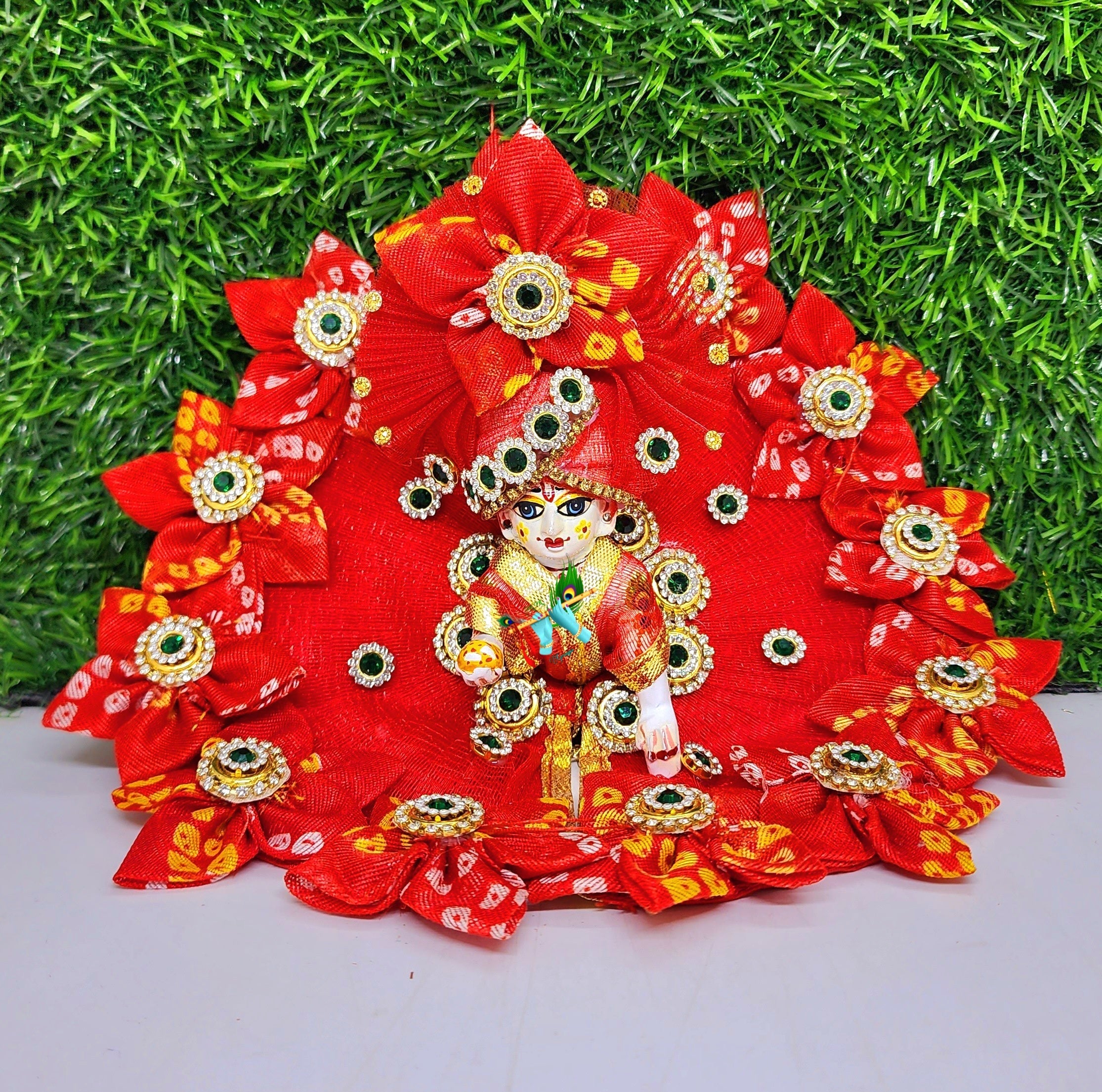 Designer Red Bhandhej Border Laddu Gopal Dress with Pagdi - Fancy Kanha Ji Poshak for Janmashtami, Holi, Diwali (Size 0-6)