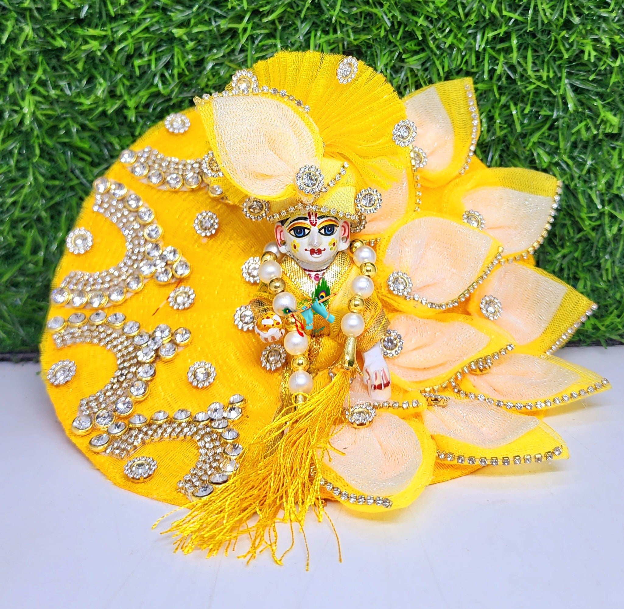 Designer Yellow Leaf Laddu Gopal Dress with Pagdi & Patka | Fancy Kanha Ji Poshak for Janmashtami, Diwali & Holi | Size 0-6