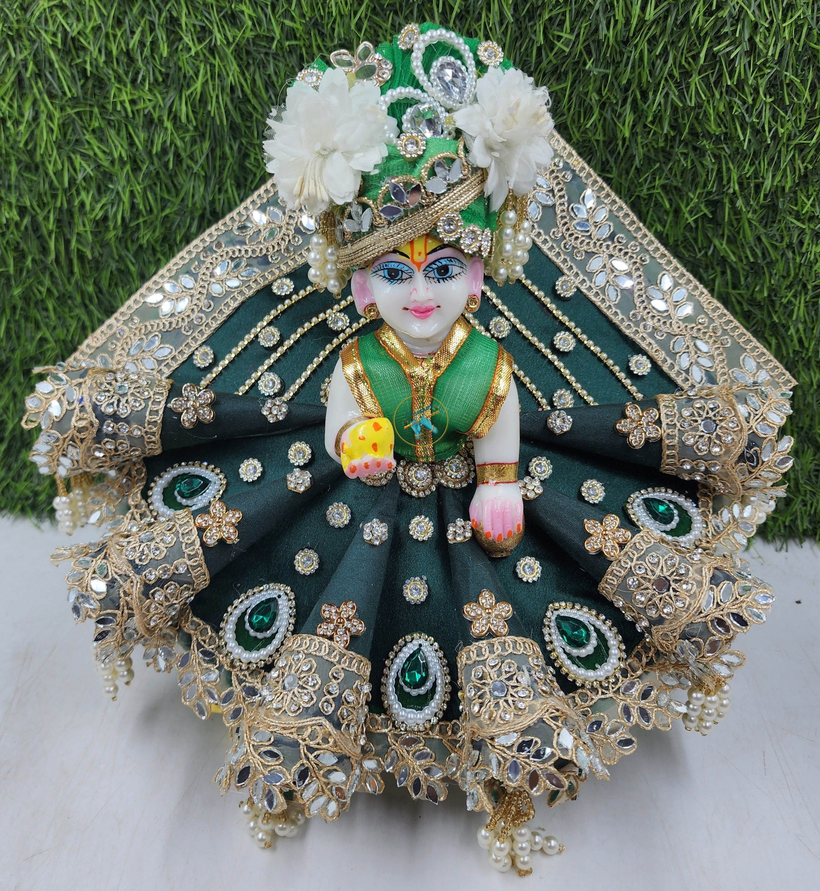 Dark Green Designer Laddu Gopal Dress | Festive Heavy Poshak for Kanha Ji | Fancy Bal Gopal Outfit | Perfect for Janmashtami (Size 0-6)