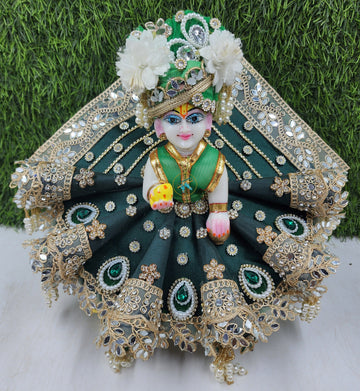 Dark Green Designer Laddu Gopal Dress | Festive Heavy Poshak for Kanha Ji | Fancy Bal Gopal Outfit | Perfect for Janmashtami (Size 0-6)