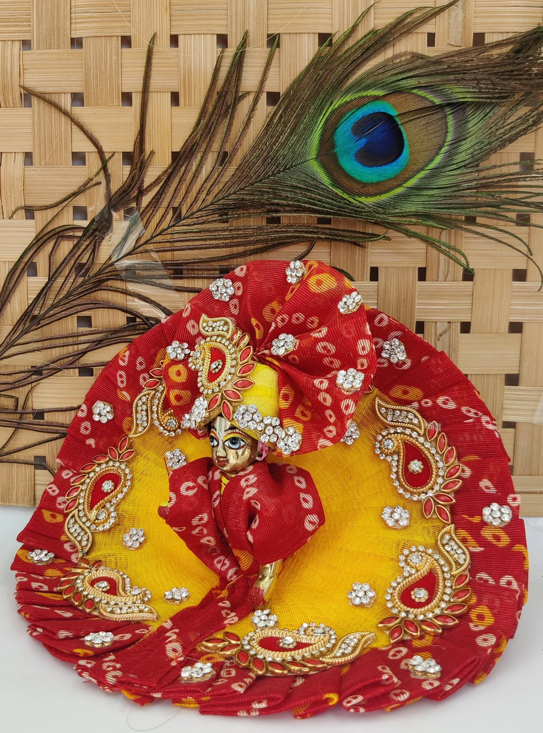 Handmade Red & Yellow Bandhej Heavy Laddu Gopal Dress with Pagdi & Patka | Designer Kanha Ji Poshak for Janmashtami | Fancy Bal Gopal Dress