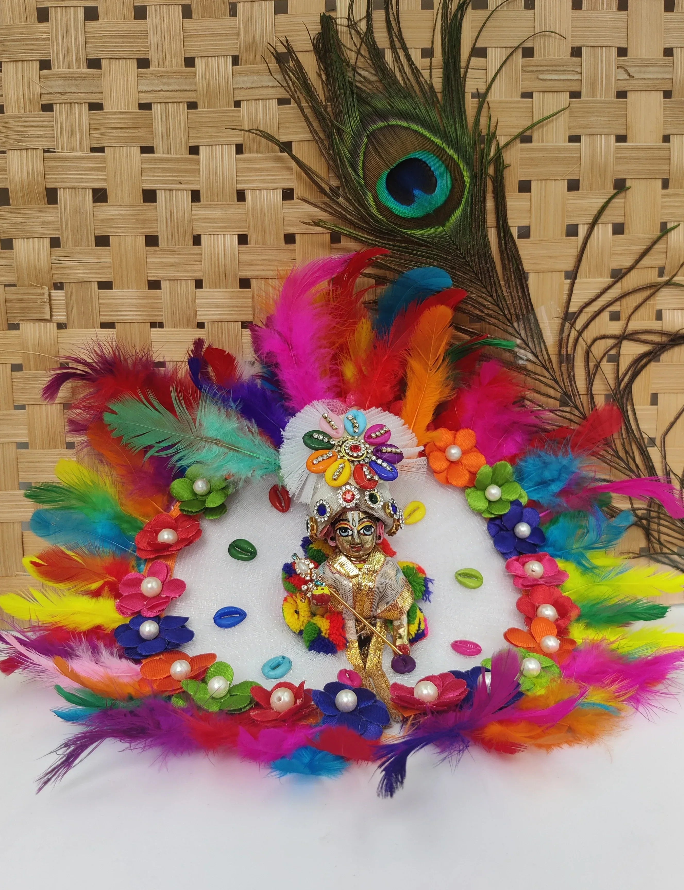 Handmade Multi-Color Feather Laddu Gopal Dress with Pagdi | Designer Kanha Ji Poshak for Janmashtami | Fancy Bal Gopal Dress