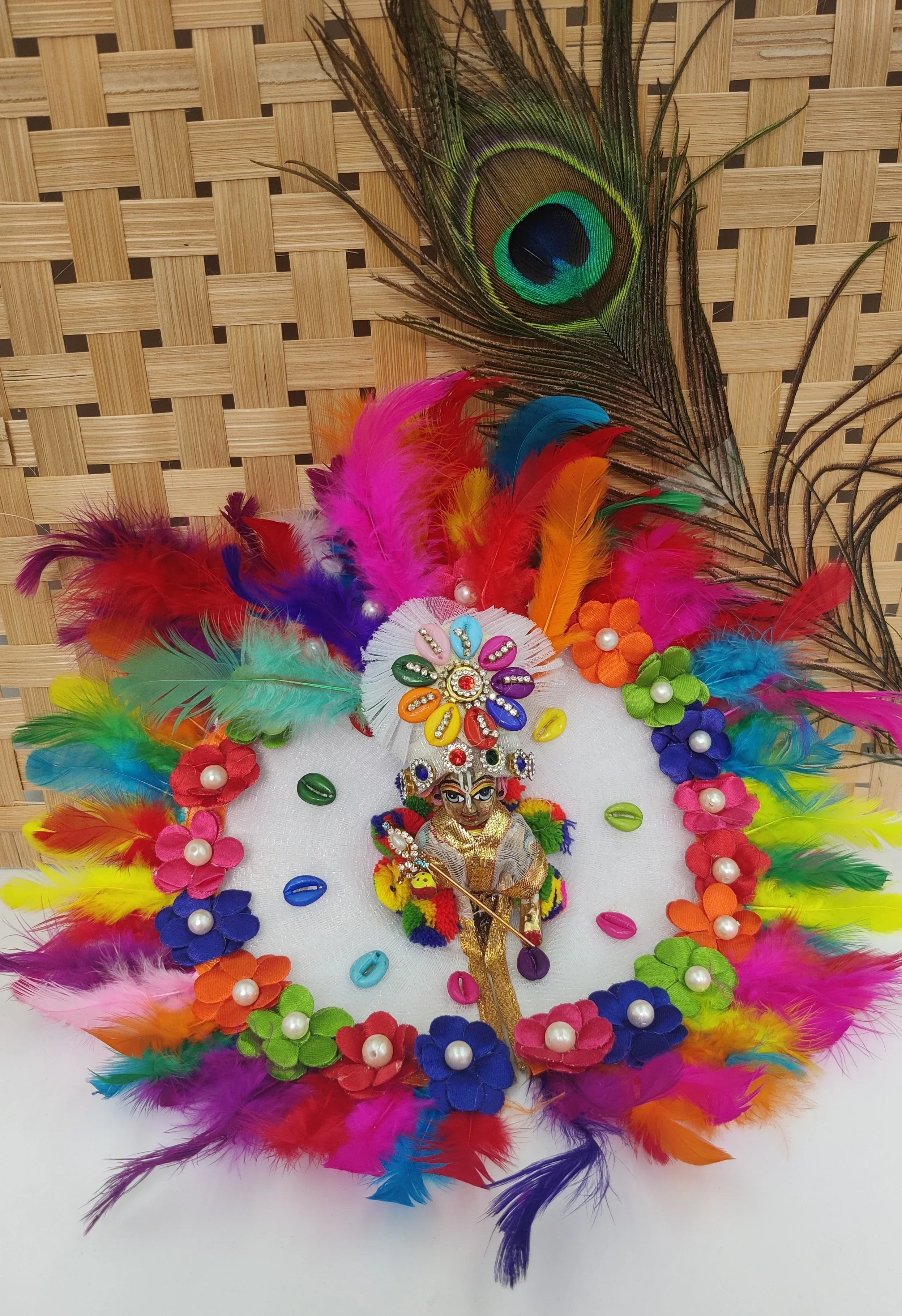 Handmade Multi-Color Feather Laddu Gopal Dress with Pagdi | Designer Kanha Ji Poshak for Janmashtami | Fancy Bal Gopal Dress
