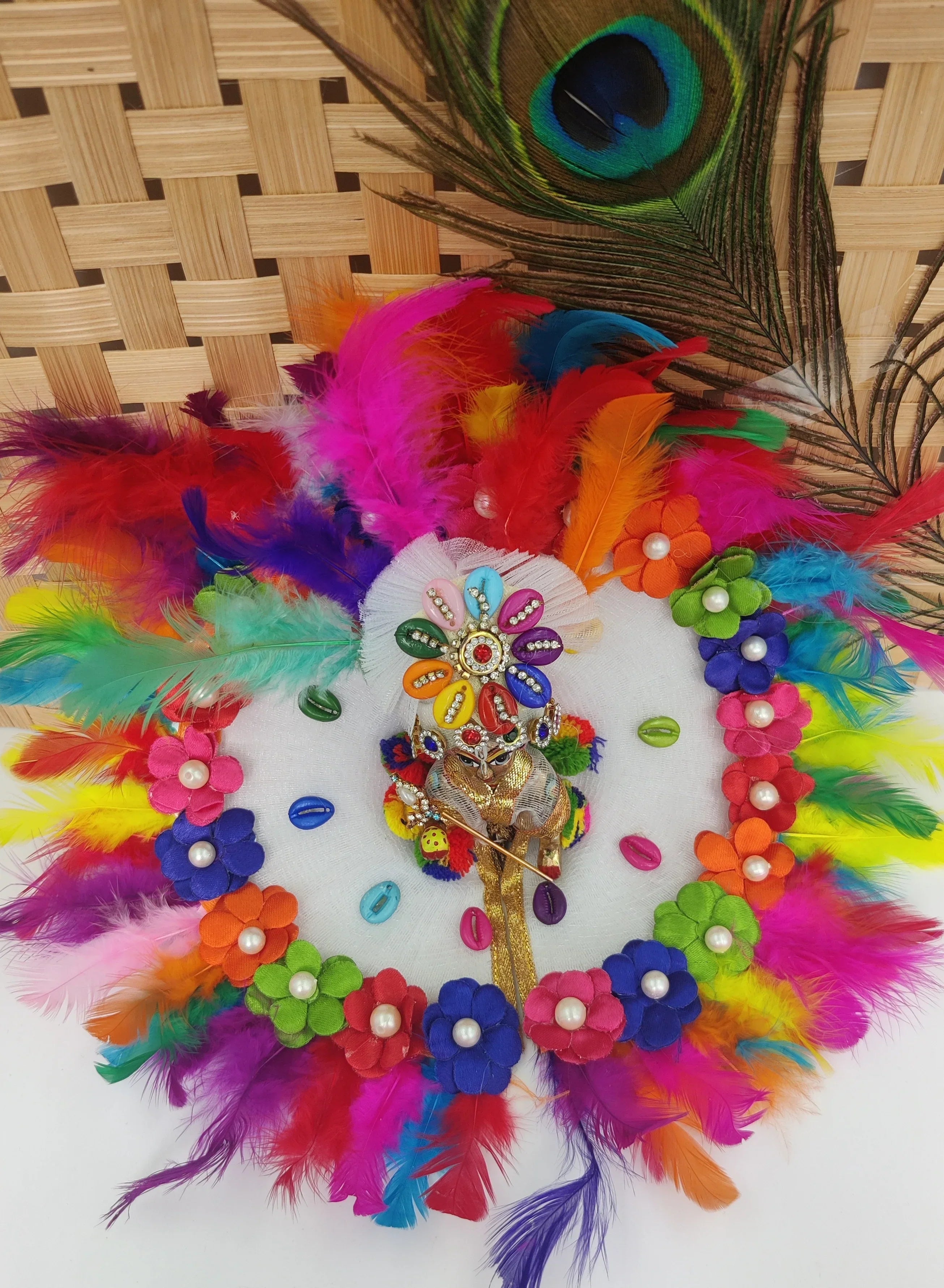 Handmade Multi-Color Feather Laddu Gopal Dress with Pagdi | Designer Kanha Ji Poshak for Janmashtami | Fancy Bal Gopal Dress