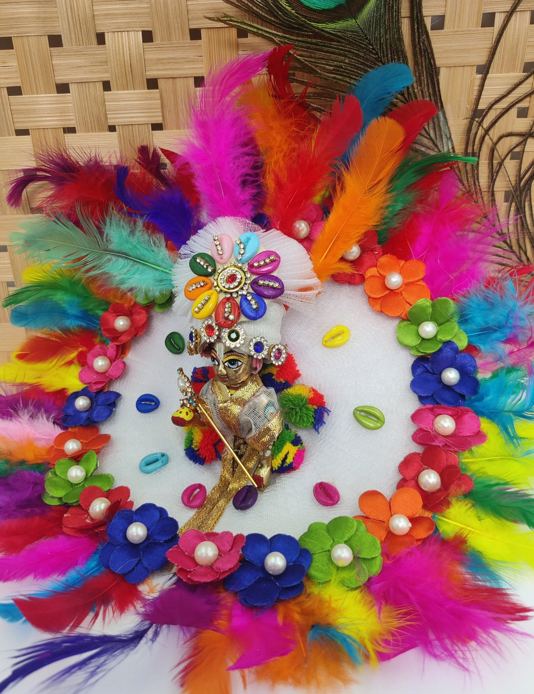 Handmade Multi-Color Feather Laddu Gopal Dress with Pagdi | Designer Kanha Ji Poshak for Janmashtami | Fancy Bal Gopal Dress