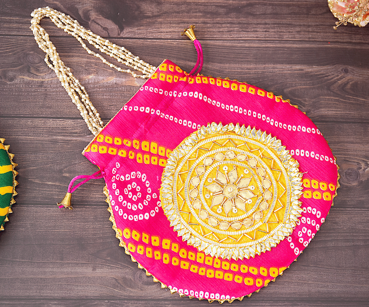 Handmade Pink Bhandhej Silk Potli with Pearl Handle - Perfect for Laddu Gopal Dress, Kanha Ji Poshak, Bal Gopal Dress, and Janmashtami Celebrations